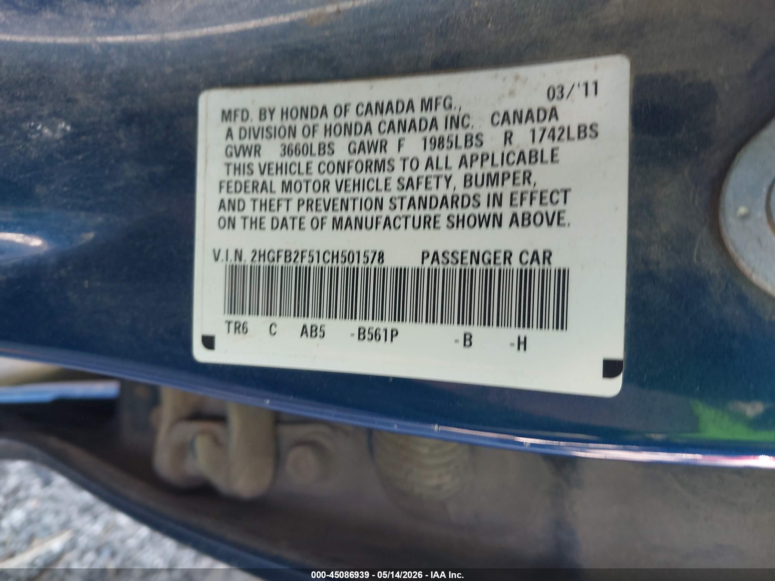 2012 Honda Civic Lx Blue vin: 2HGFB2F51CH501578