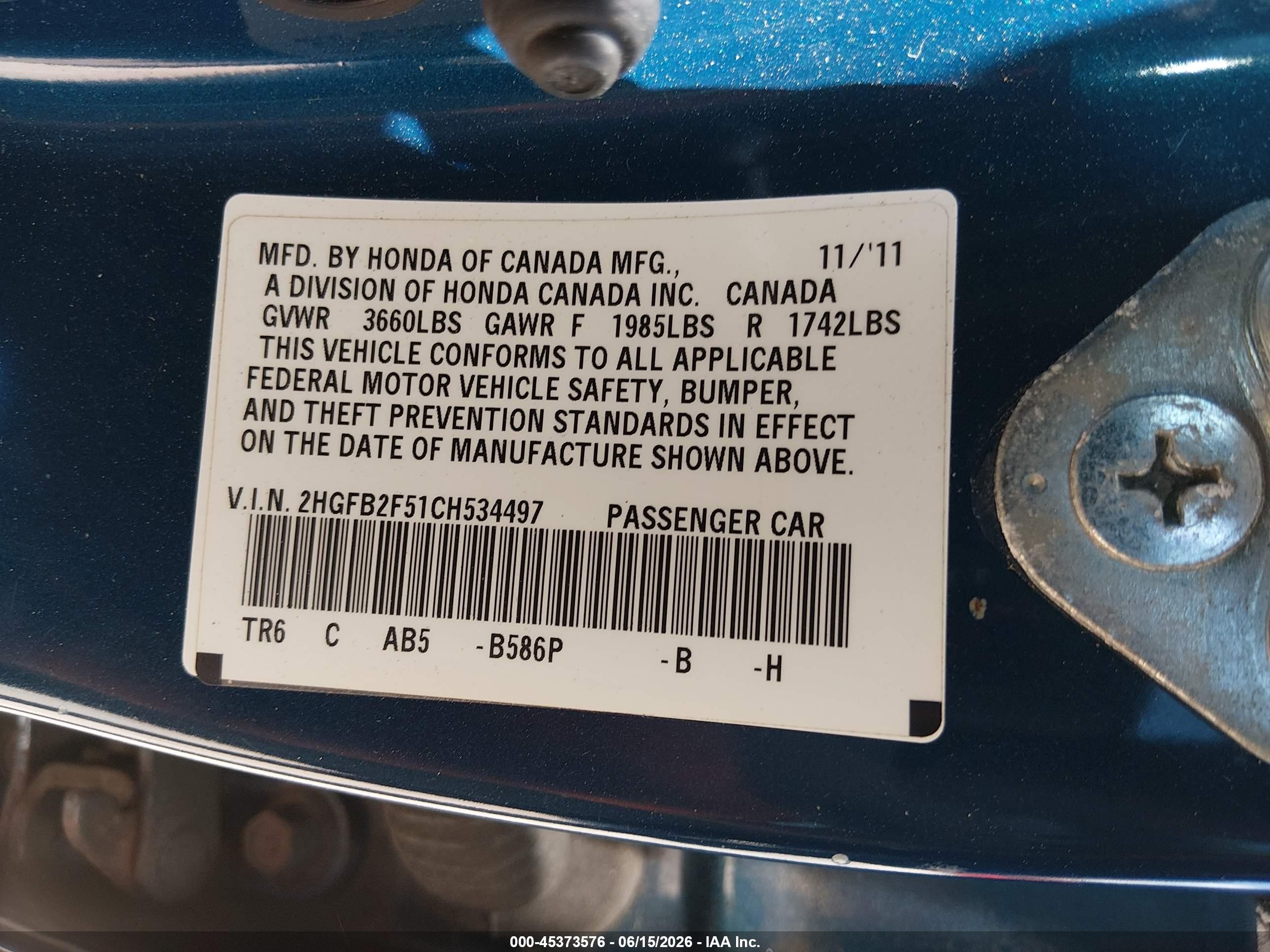 2012 Honda Civic Lx Blue vin: 2HGFB2F51CH534497