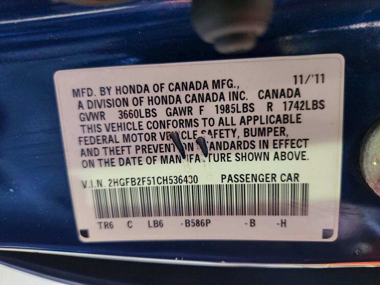 2012 Honda Civic Lx Blue vin: 2HGFB2F51CH536430