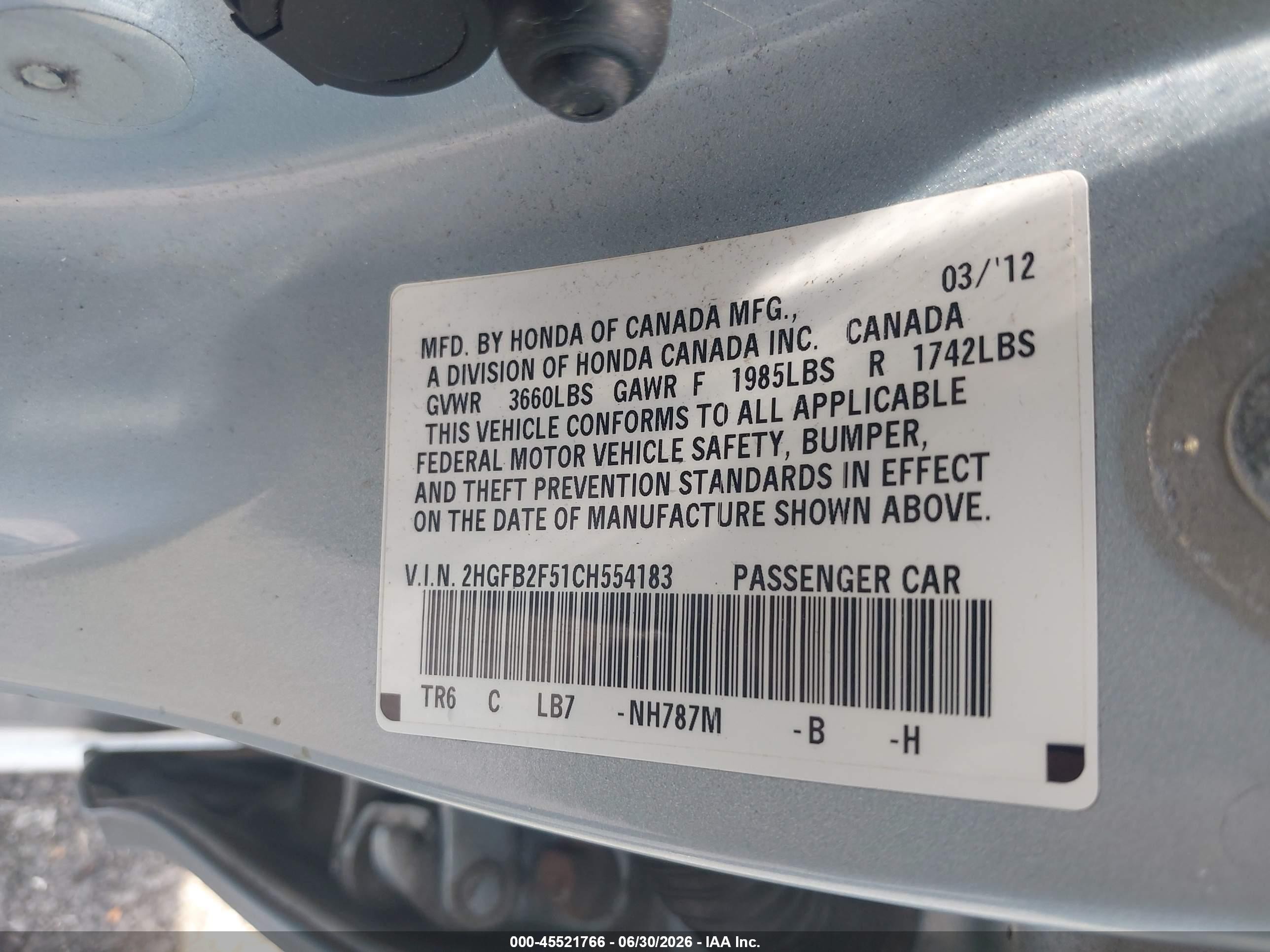 2012 Honda Civic Lx Light Blue vin: 2HGFB2F51CH554183