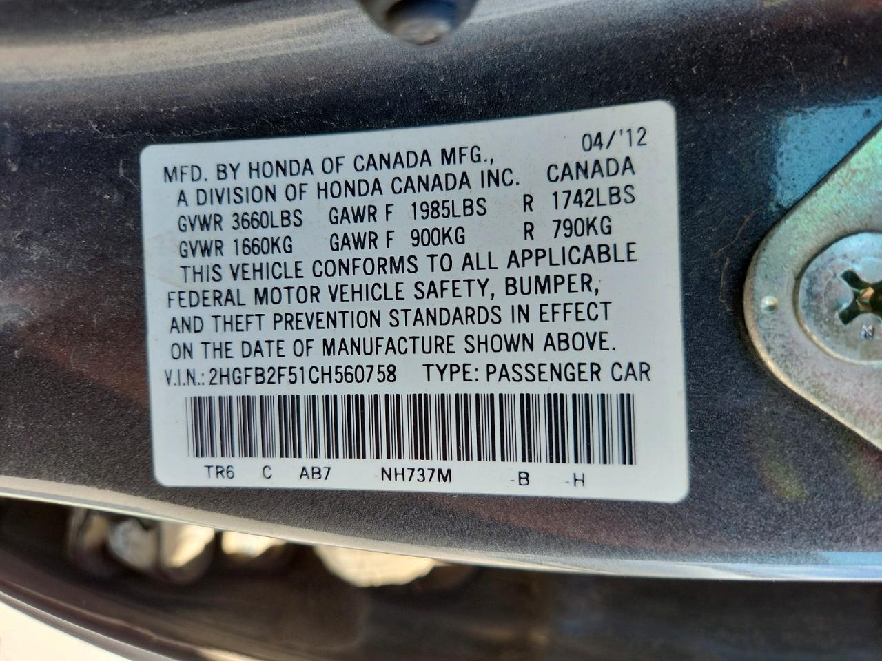 2012 Honda Civic Lx Gray vin: 2HGFB2F51CH560758