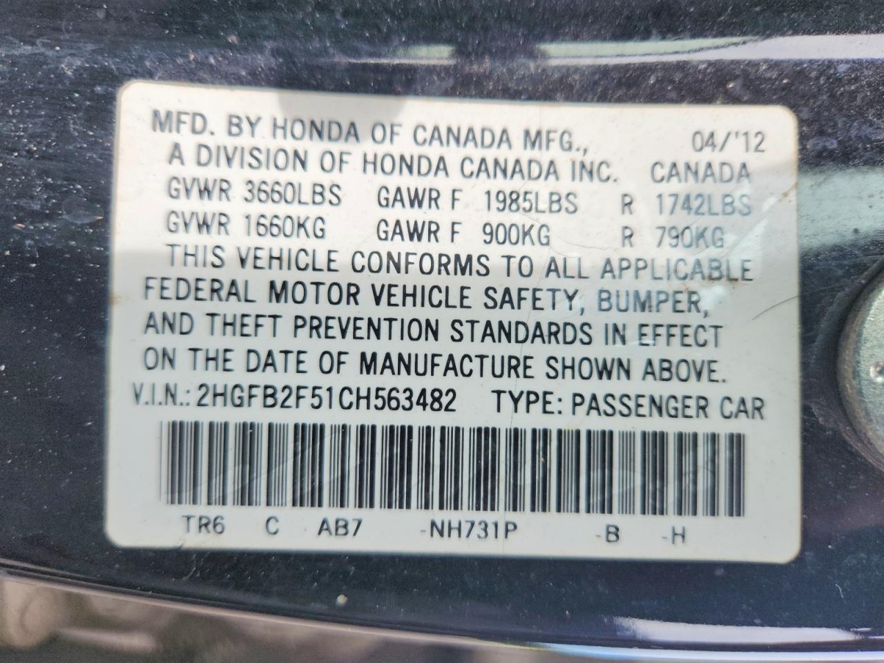 2012 Honda Civic Lx Black vin: 2HGFB2F51CH563482