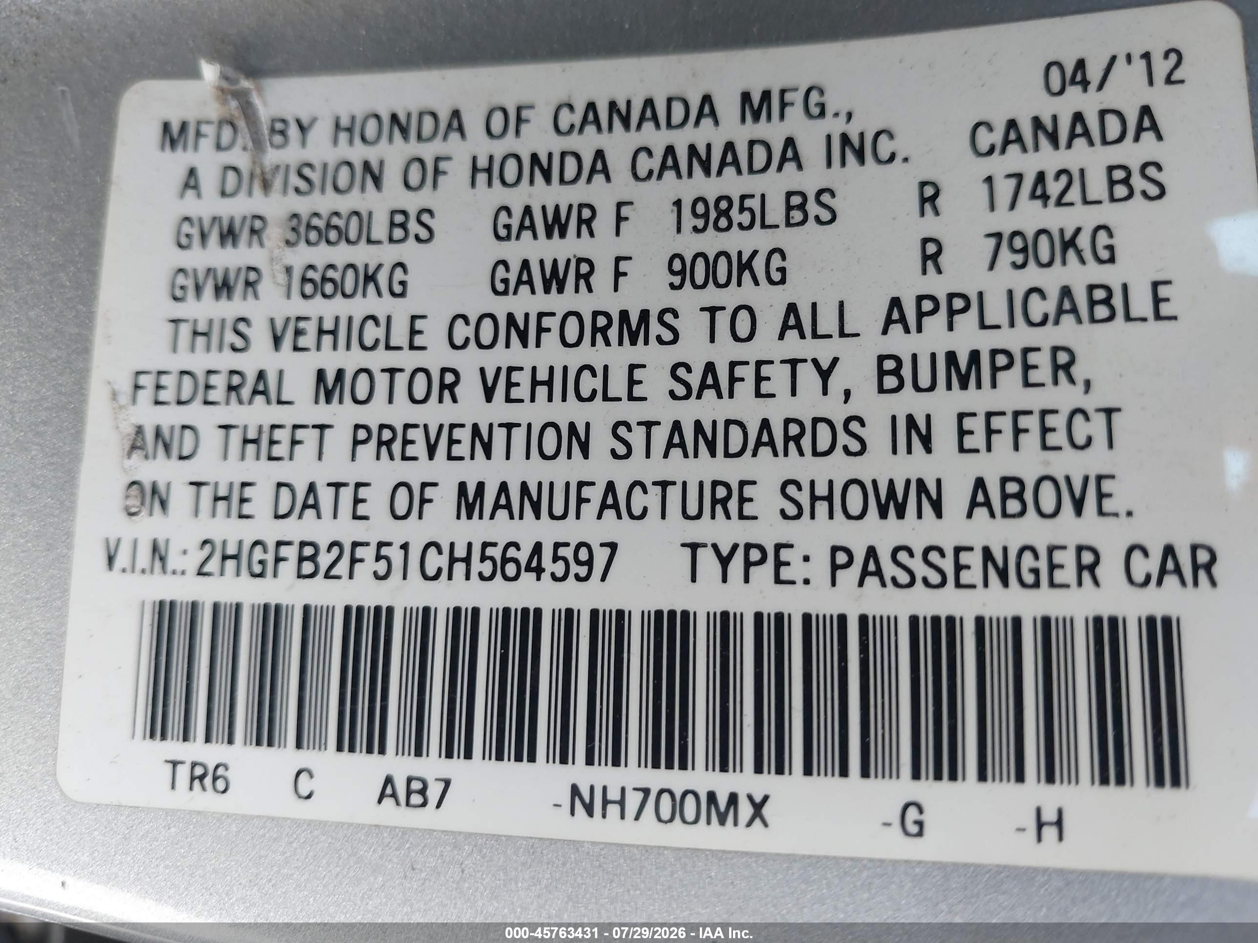 2012 Honda Civic Lx Silver vin: 2HGFB2F51CH564597