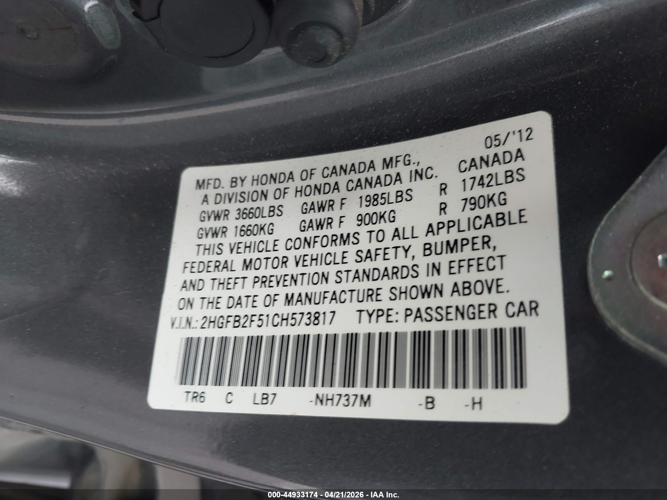 2012 Honda Civic Lx Gray vin: 2HGFB2F51CH573817