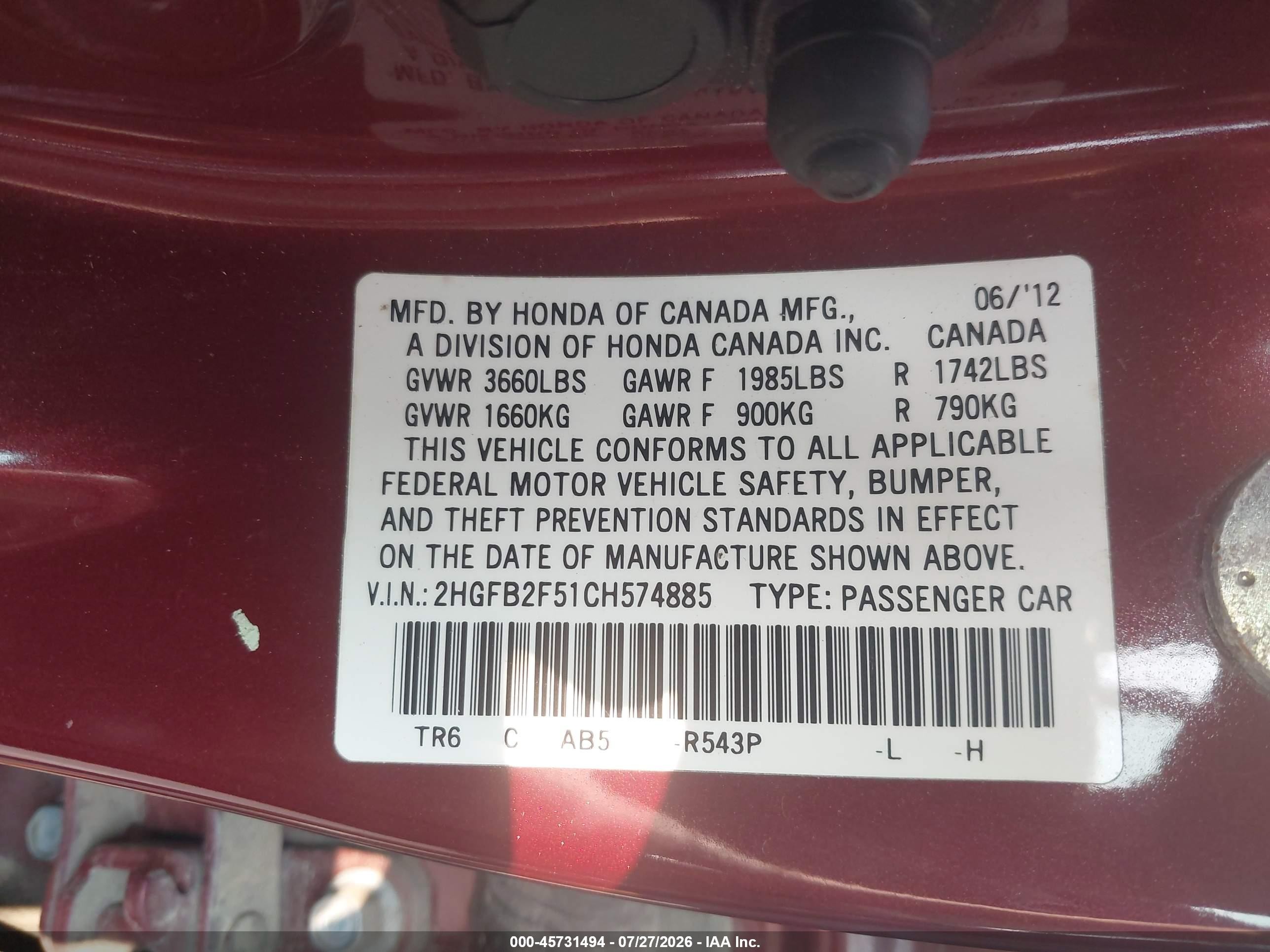 2012 Honda Civic Lx Red vin: 2HGFB2F51CH574885