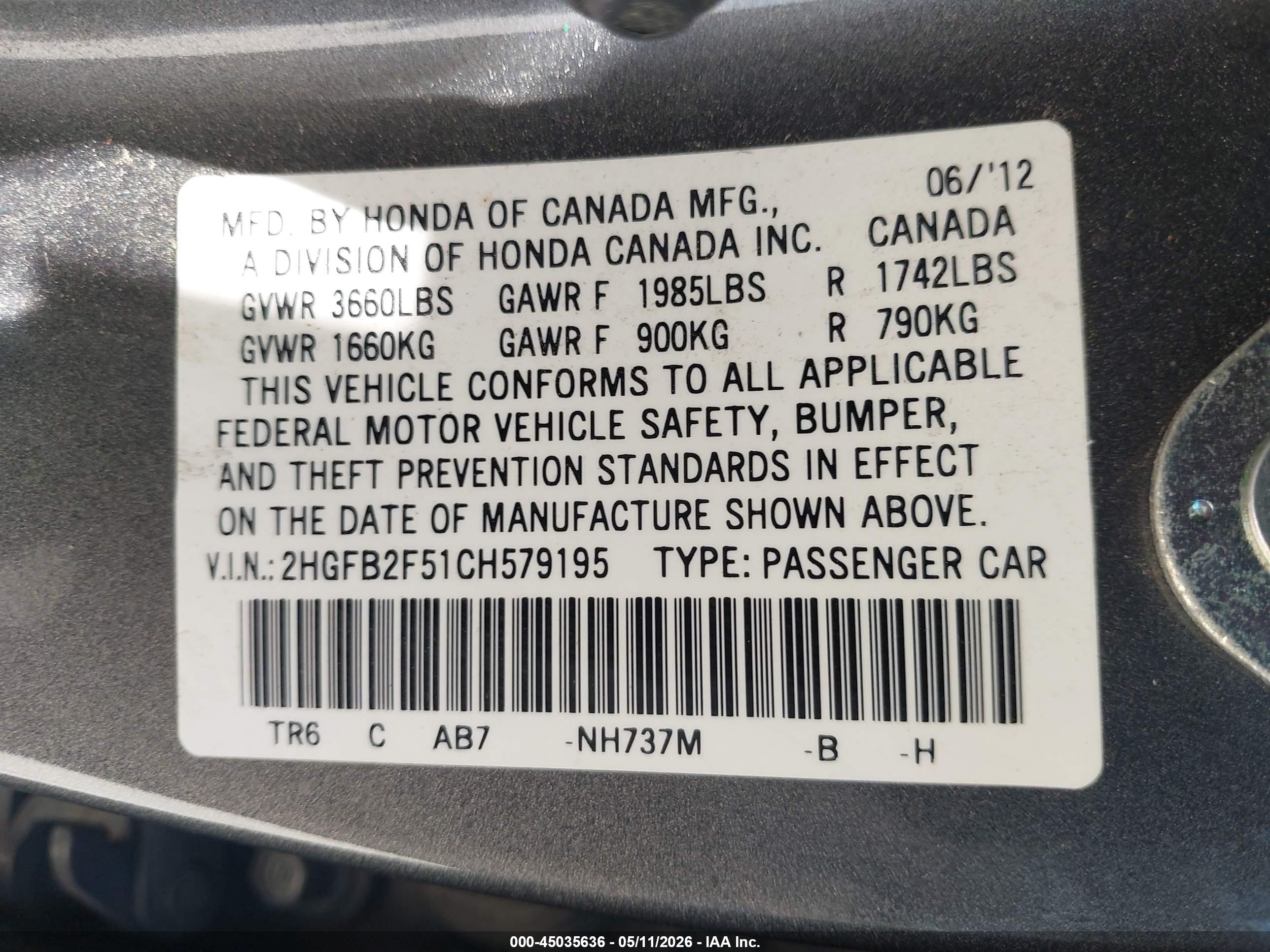 2012 Honda Civic Lx Gray vin: 2HGFB2F51CH579195