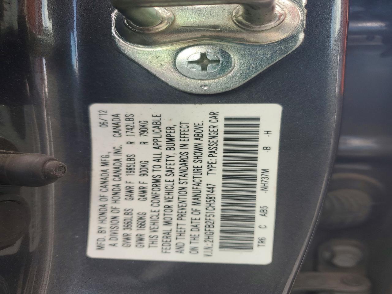 2012 Honda Civic Lx Gray vin: 2HGFB2F51CH581447
