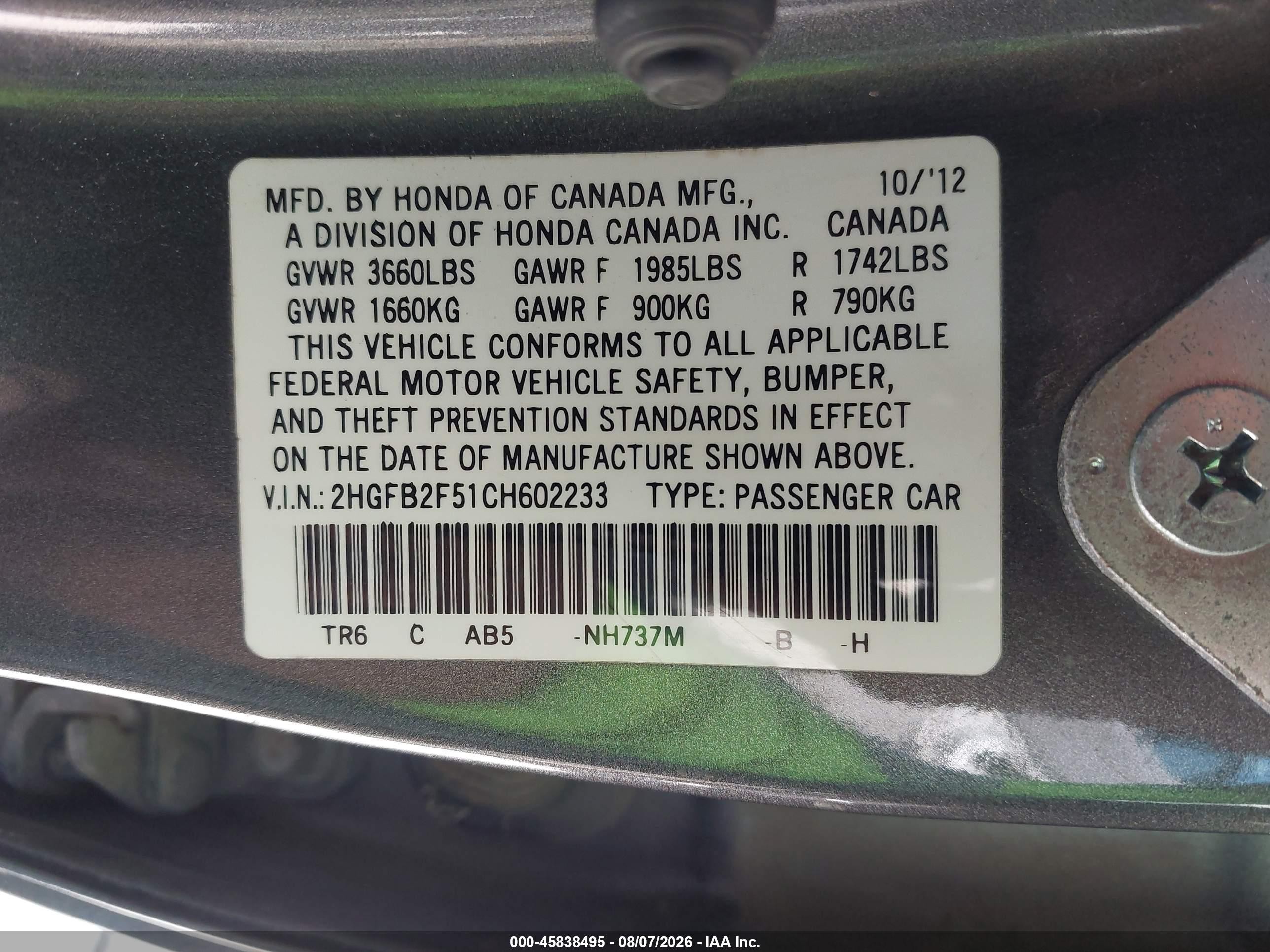 2012 Honda Civic Lx Gray vin: 2HGFB2F51CH602233