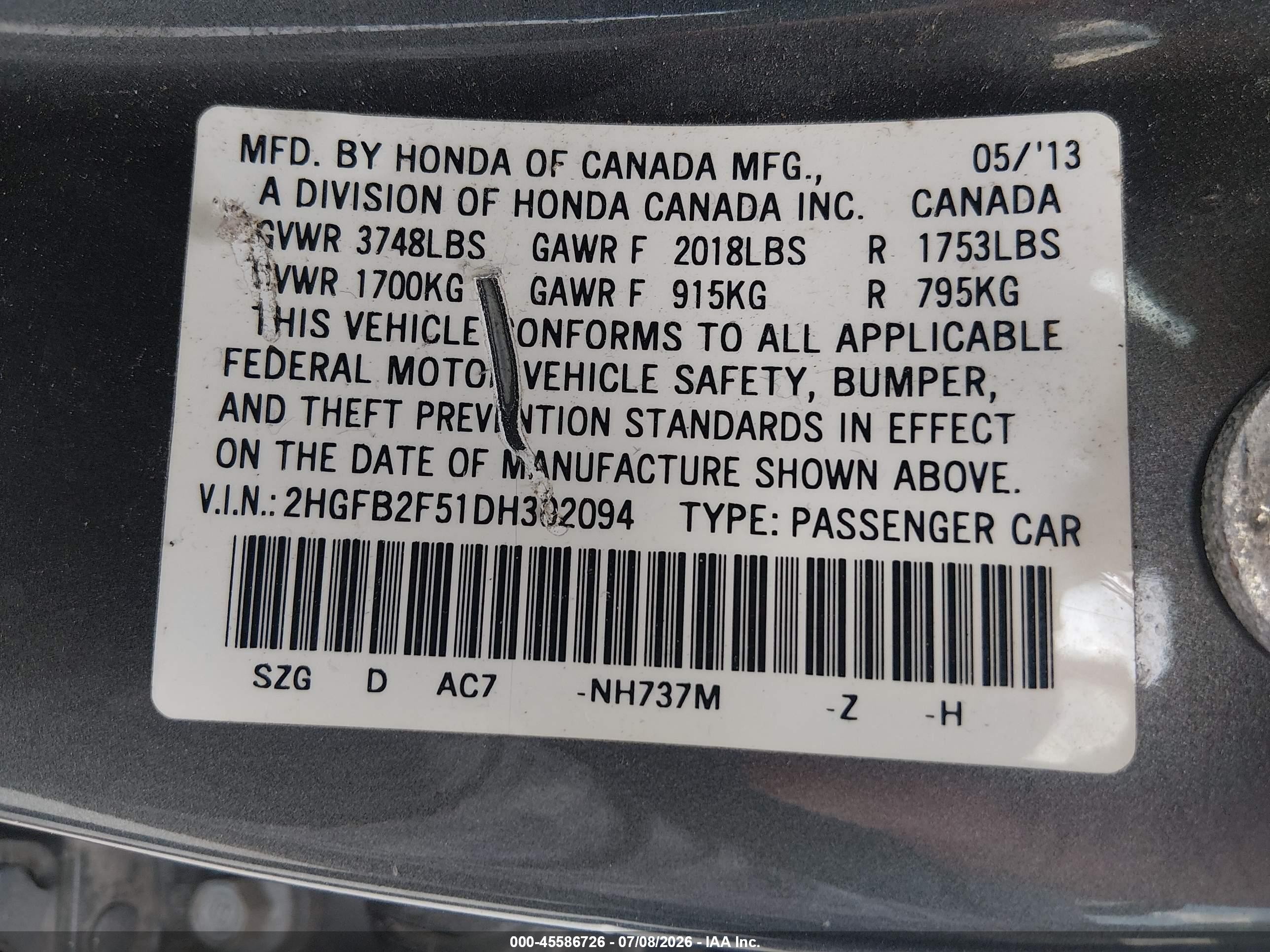 2013 Honda Civic Lx Gray vin: 2HGFB2F51DH302094