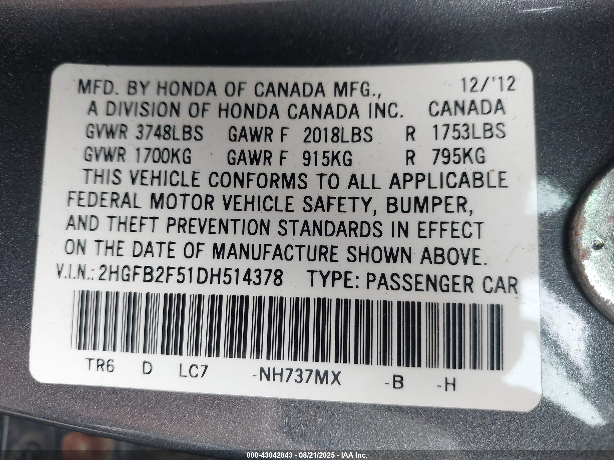 2013 Honda Civic Lx Gray vin: 2HGFB2F51DH514378