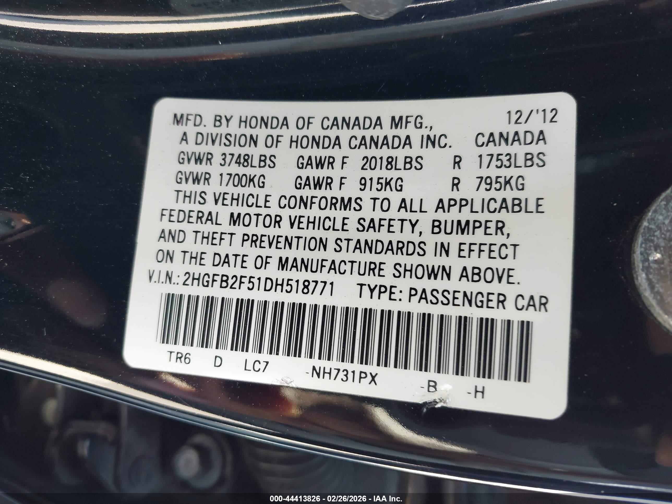 2013 Honda Civic Lx Black vin: 2HGFB2F51DH518771