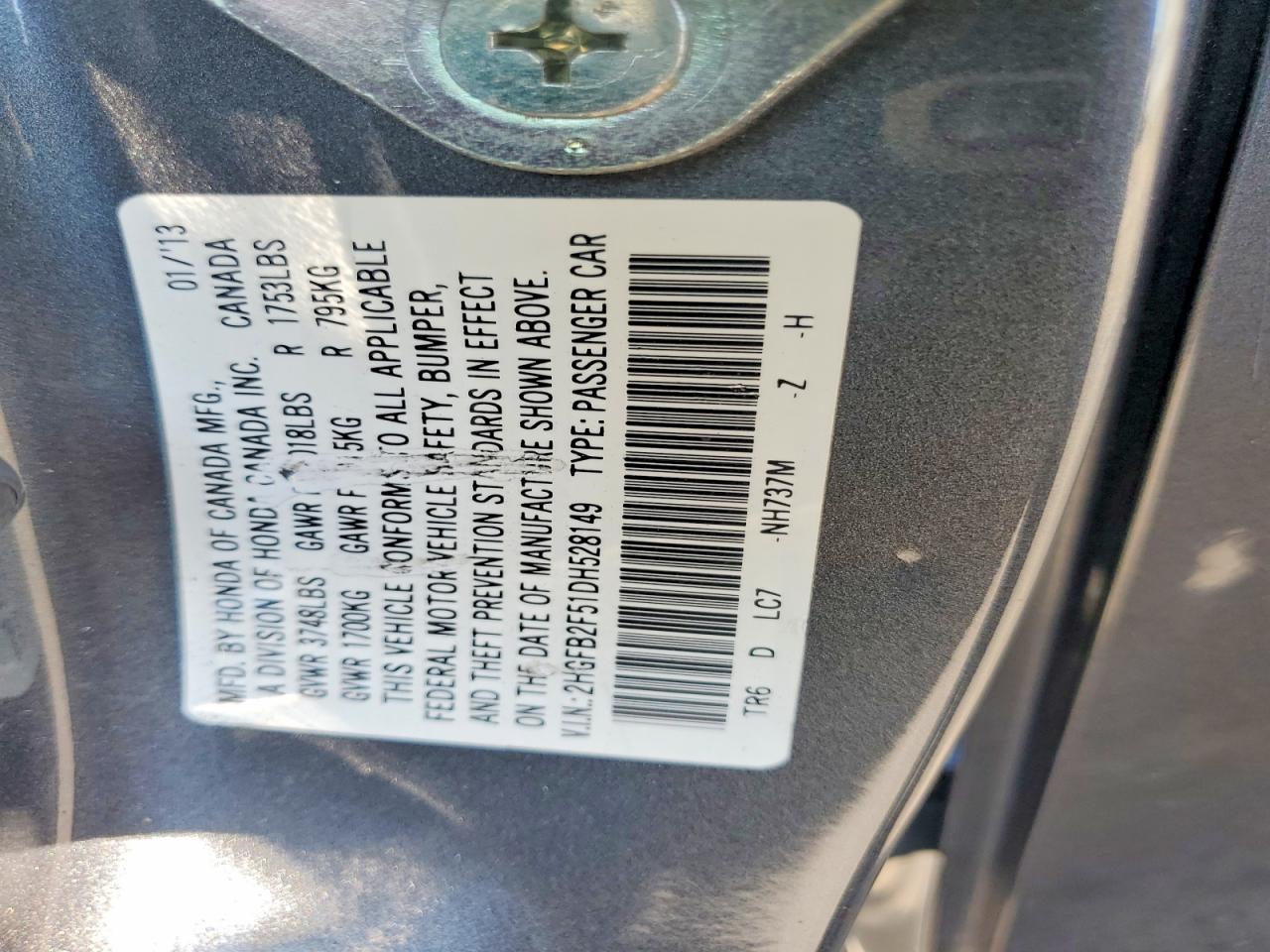 2013 Honda Civic Lx Charcoal vin: 2HGFB2F51DH528149