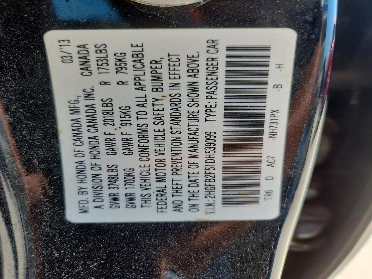 2013 Honda Civic Lx Black vin: 2HGFB2F51DH539099