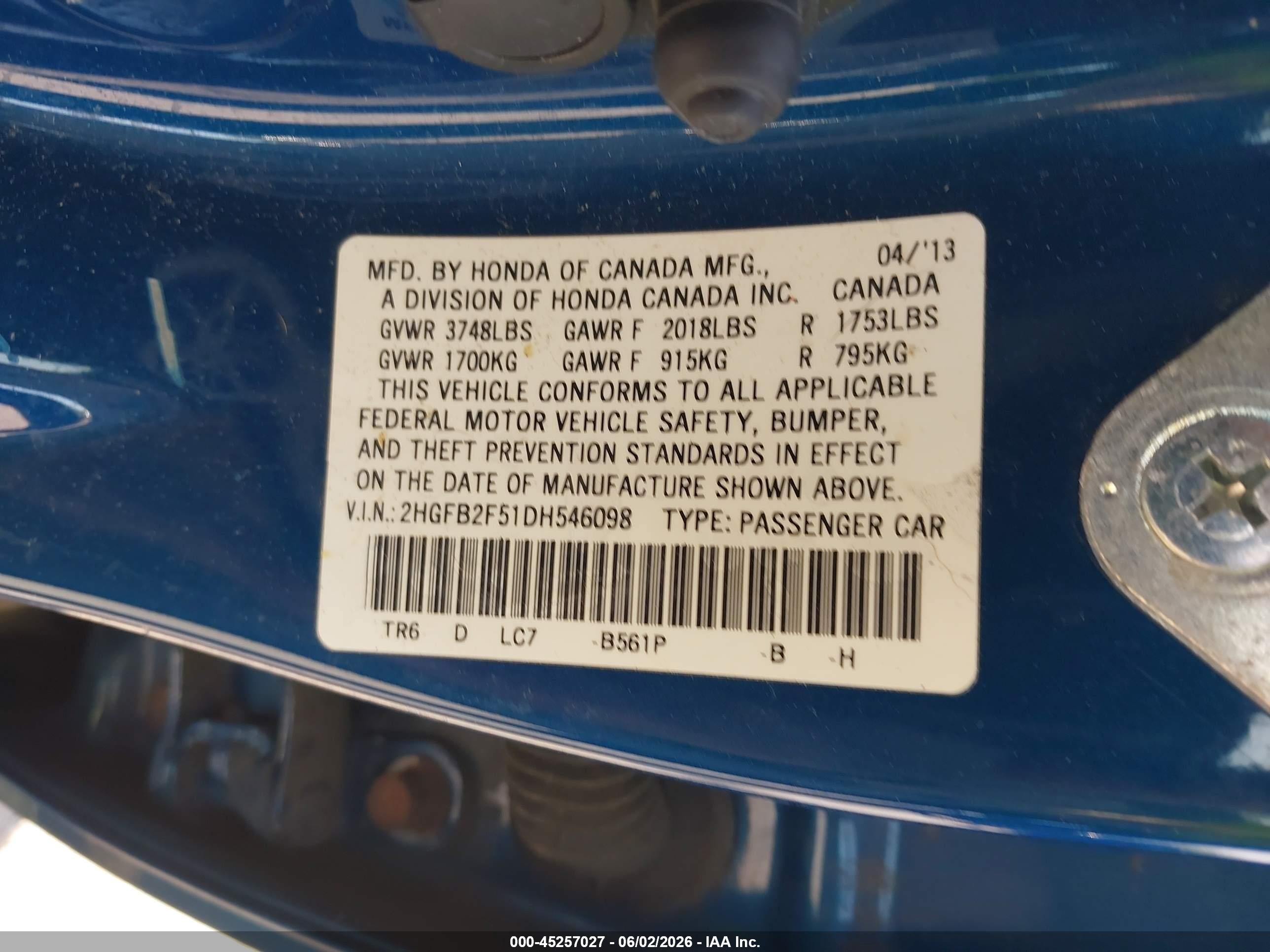 2013 Honda Civic Lx Blue vin: 2HGFB2F51DH546098