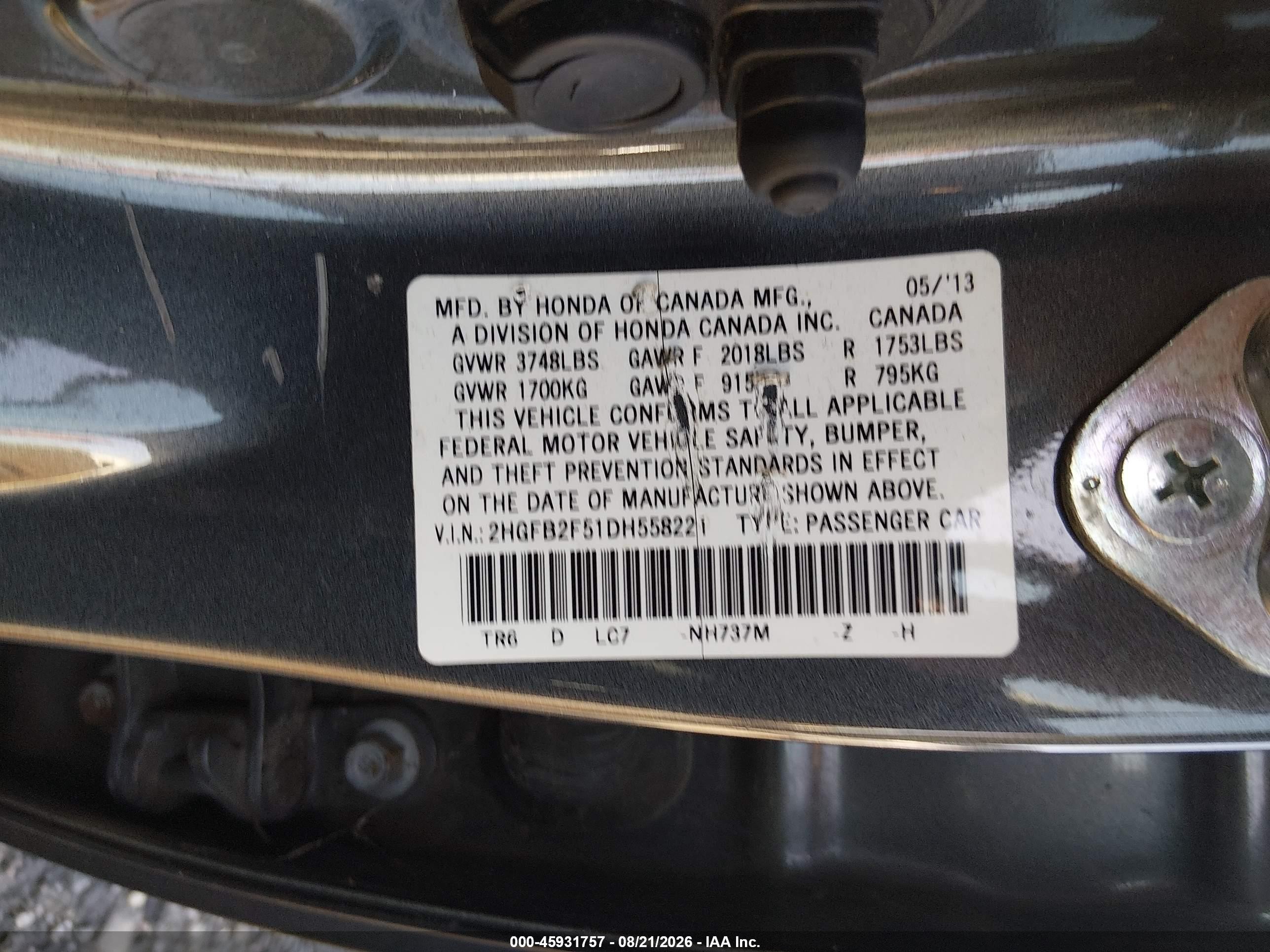 2013 Honda Civic Lx Gray vin: 2HGFB2F51DH558221