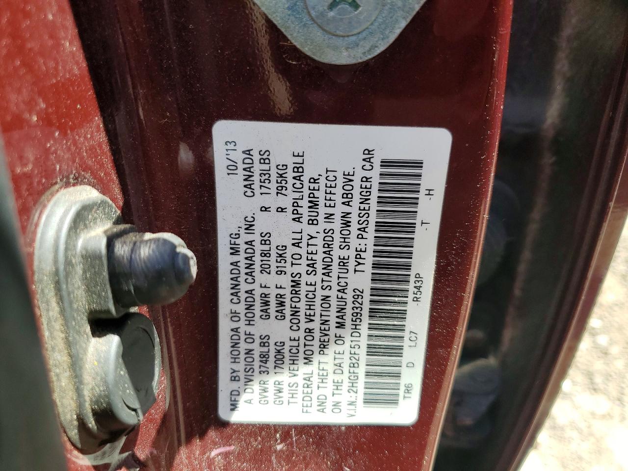 2013 Honda Civic Lx Burgundy vin: 2HGFB2F51DH593292