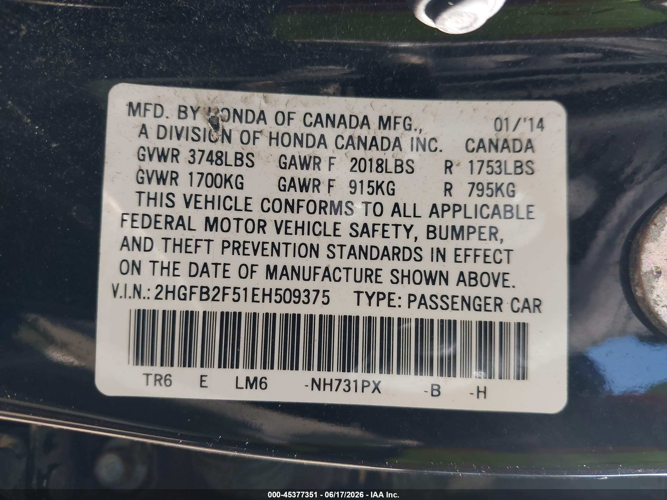 2014 Honda Civic Lx Black vin: 2HGFB2F51EH509375