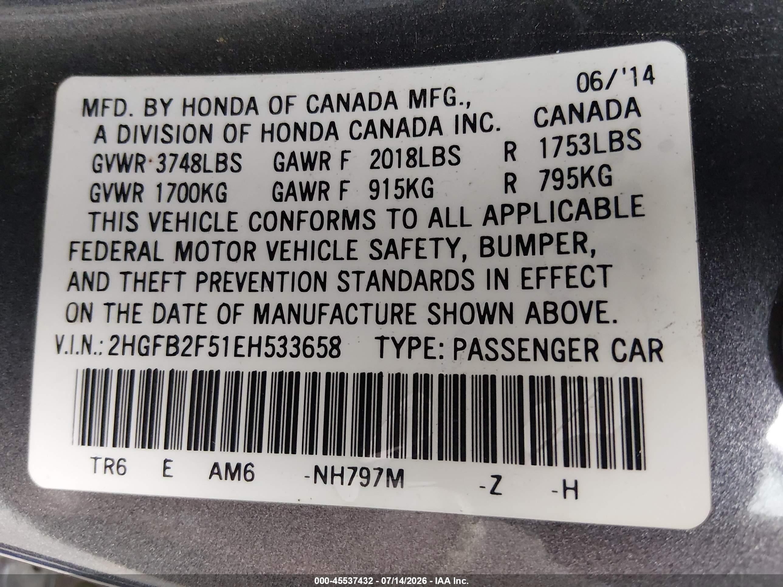 2014 Honda Civic Lx Gray vin: 2HGFB2F51EH533658