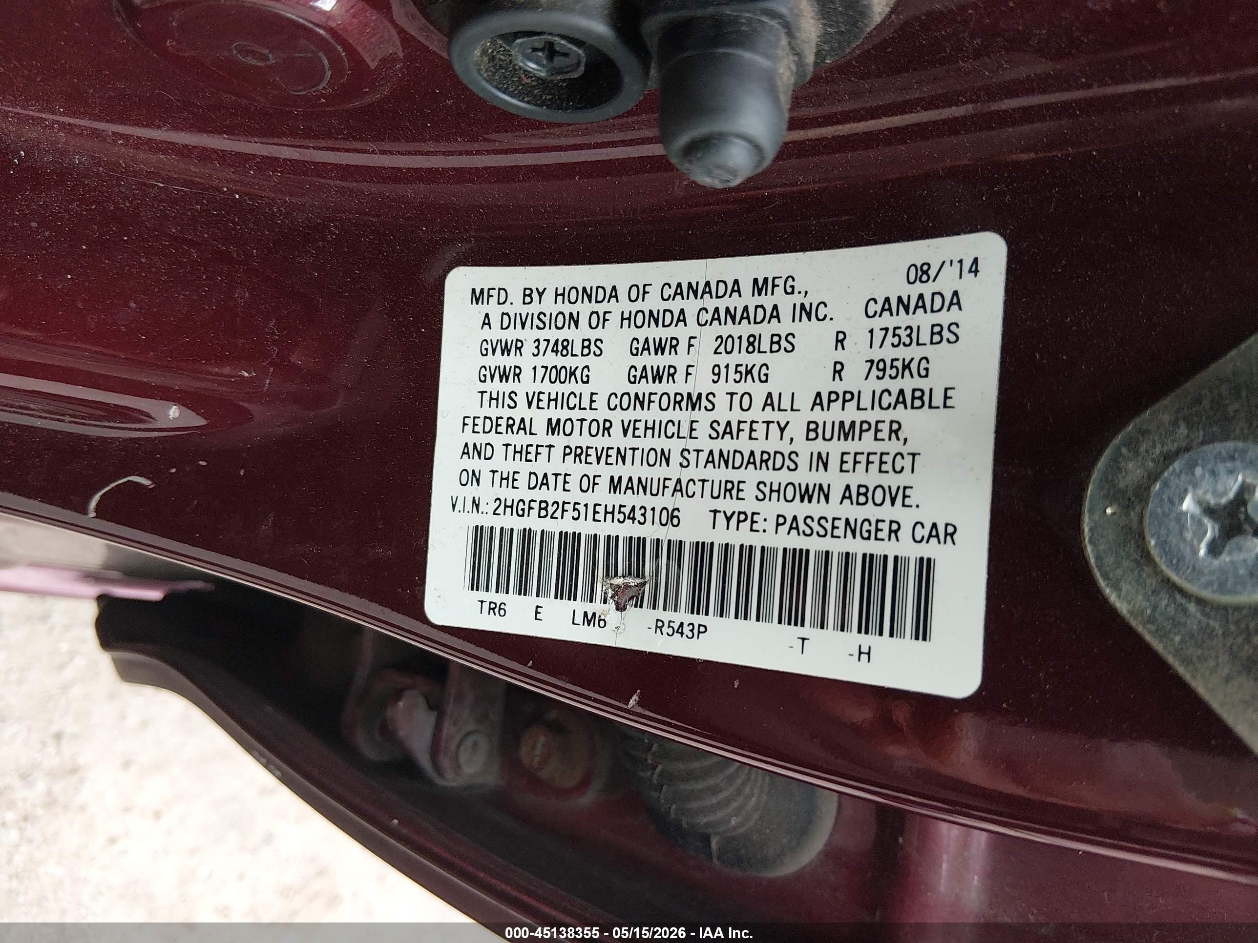 2014 Honda Civic Lx Burgundy vin: 2HGFB2F51EH543106
