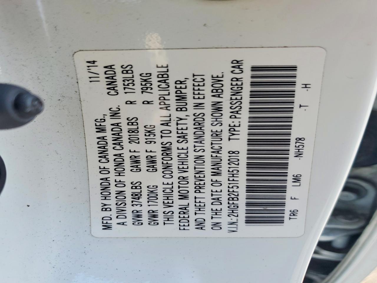 2015 Honda Civic Lx White vin: 2HGFB2F51FH512018