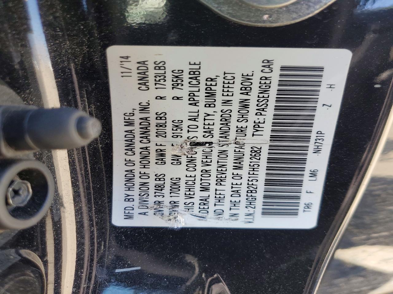 2015 Honda Civic Lx Black vin: 2HGFB2F51FH512682