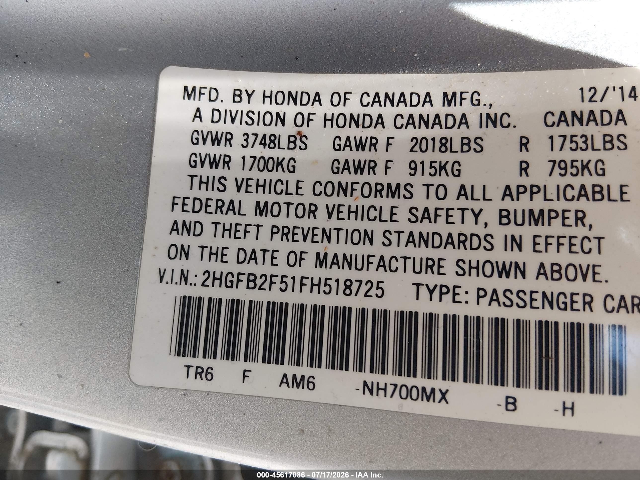 2015 Honda Civic Lx Silver vin: 2HGFB2F51FH518725