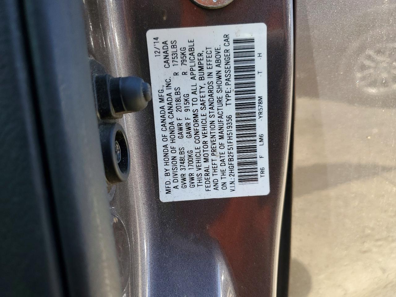2015 Honda Civic Lx Серый vin: 2HGFB2F51FH519356