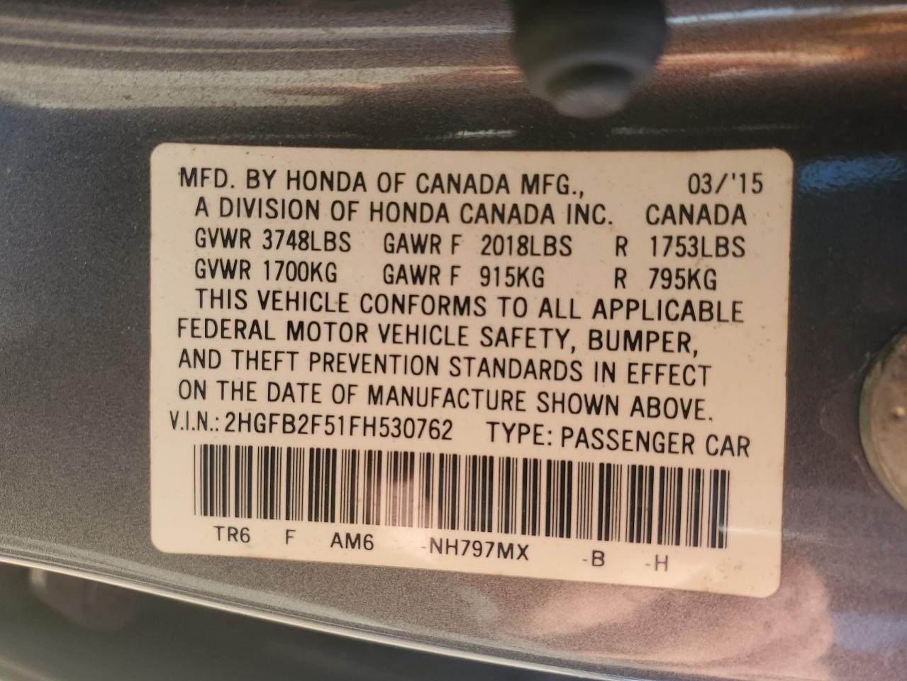 2015 Honda Civic Lx Серый vin: 2HGFB2F51FH530762