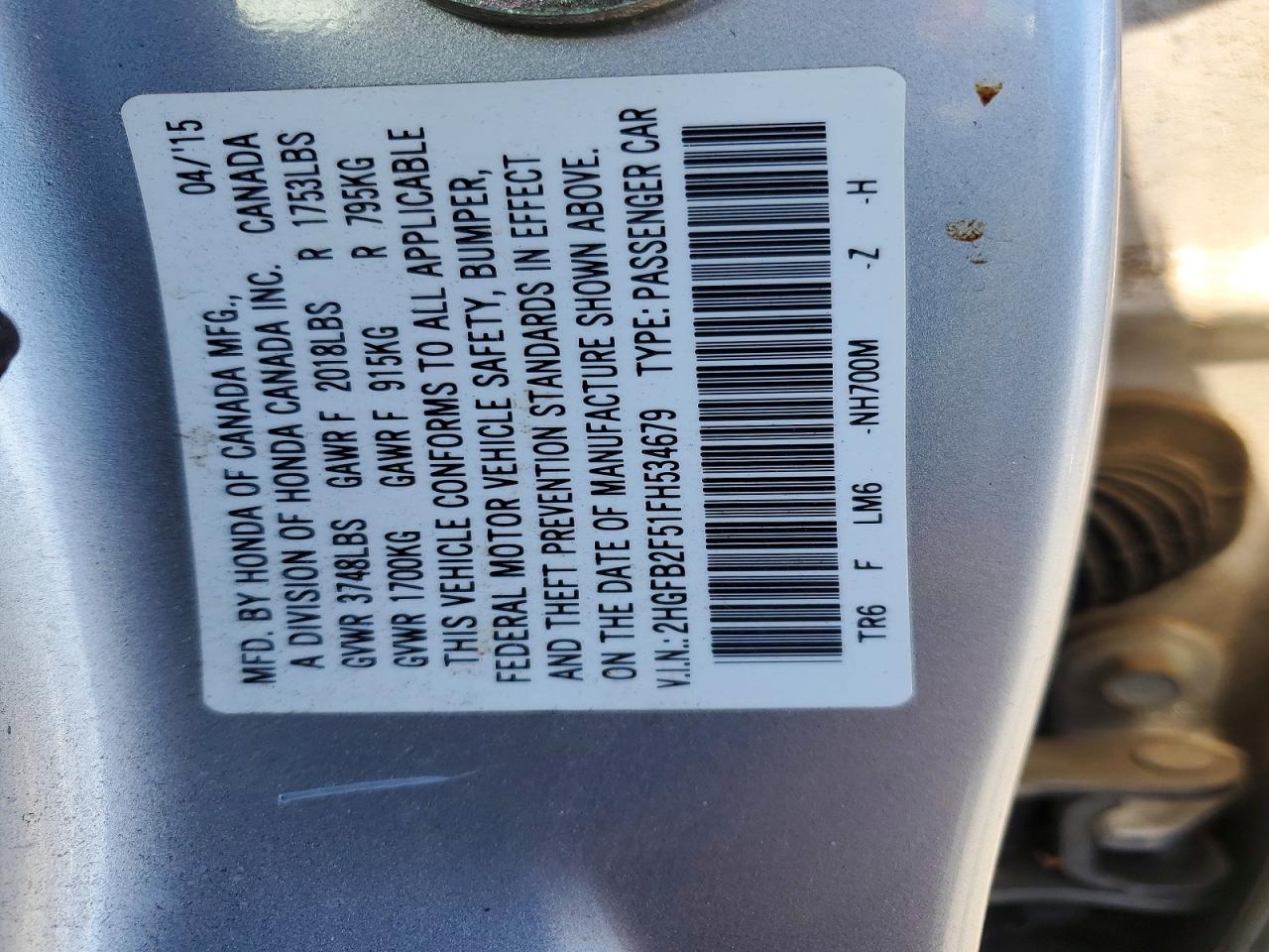 2015 Honda Civic Lx Silver vin: 2HGFB2F51FH534679