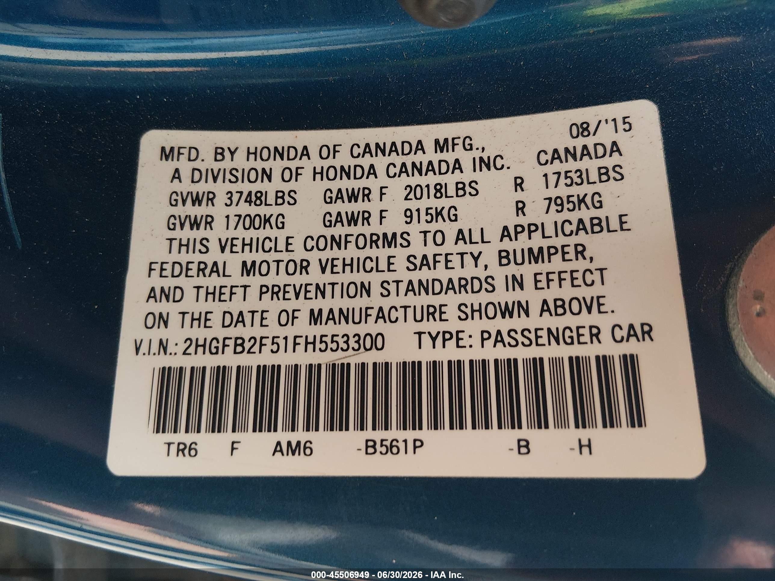 2015 Honda Civic Lx Blue vin: 2HGFB2F51FH553300