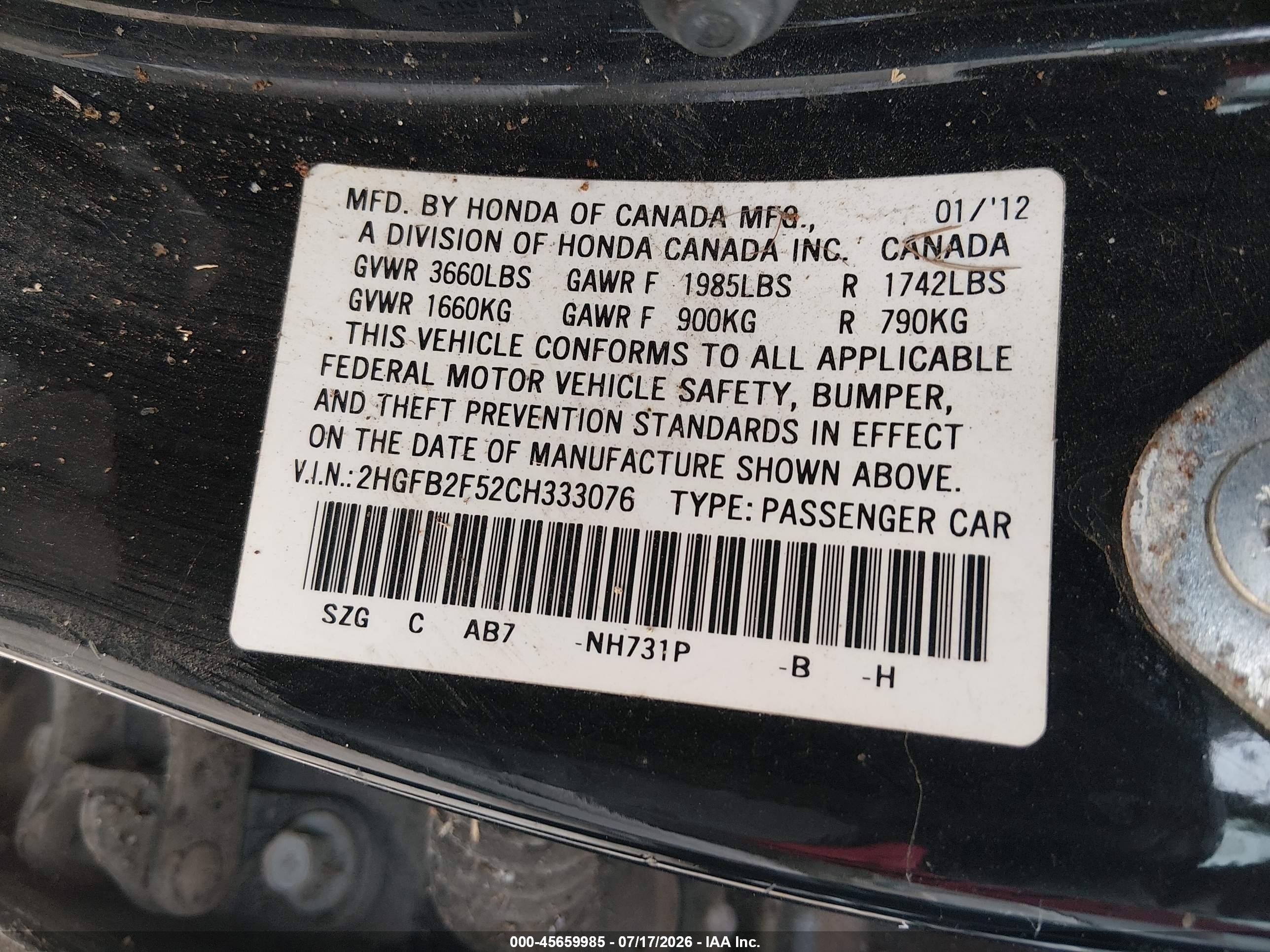 2012 Honda Civic Lx Черный vin: 2HGFB2F52CH333076