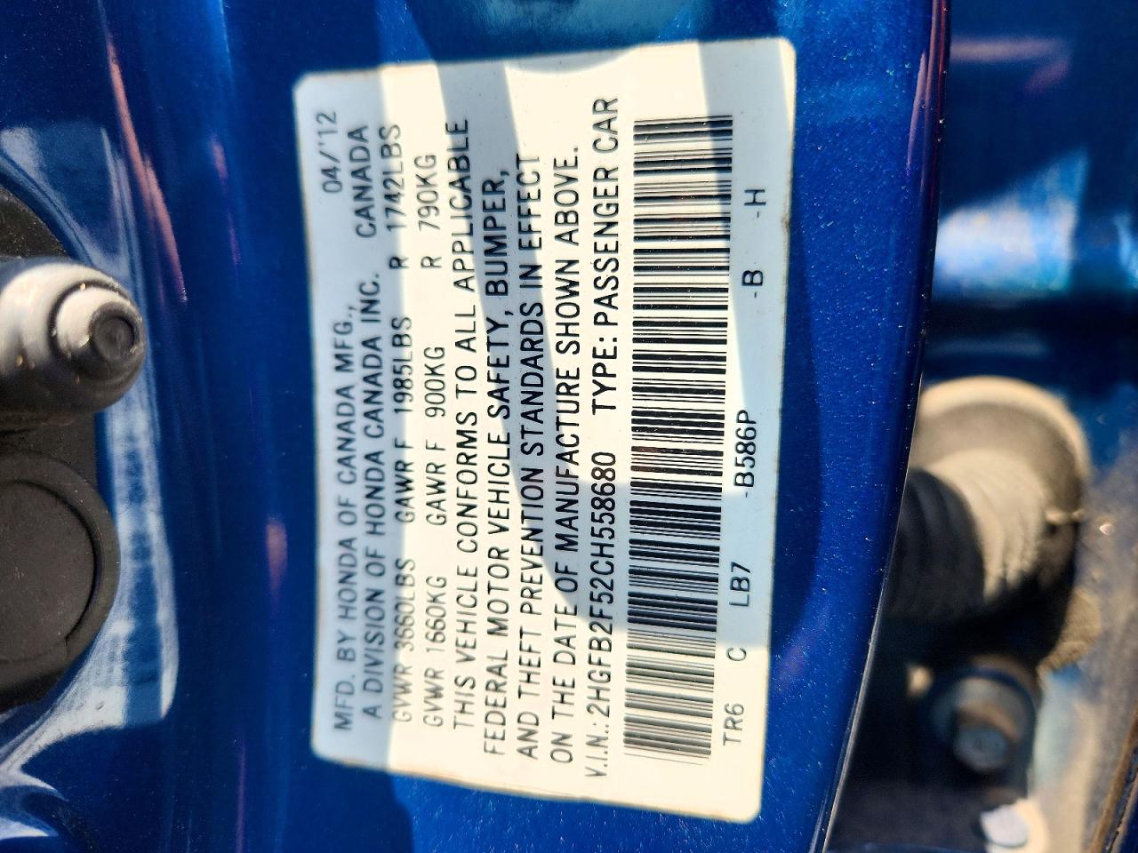 2012 Honda Civic Lx Blue vin: 2HGFB2F52CH558680
