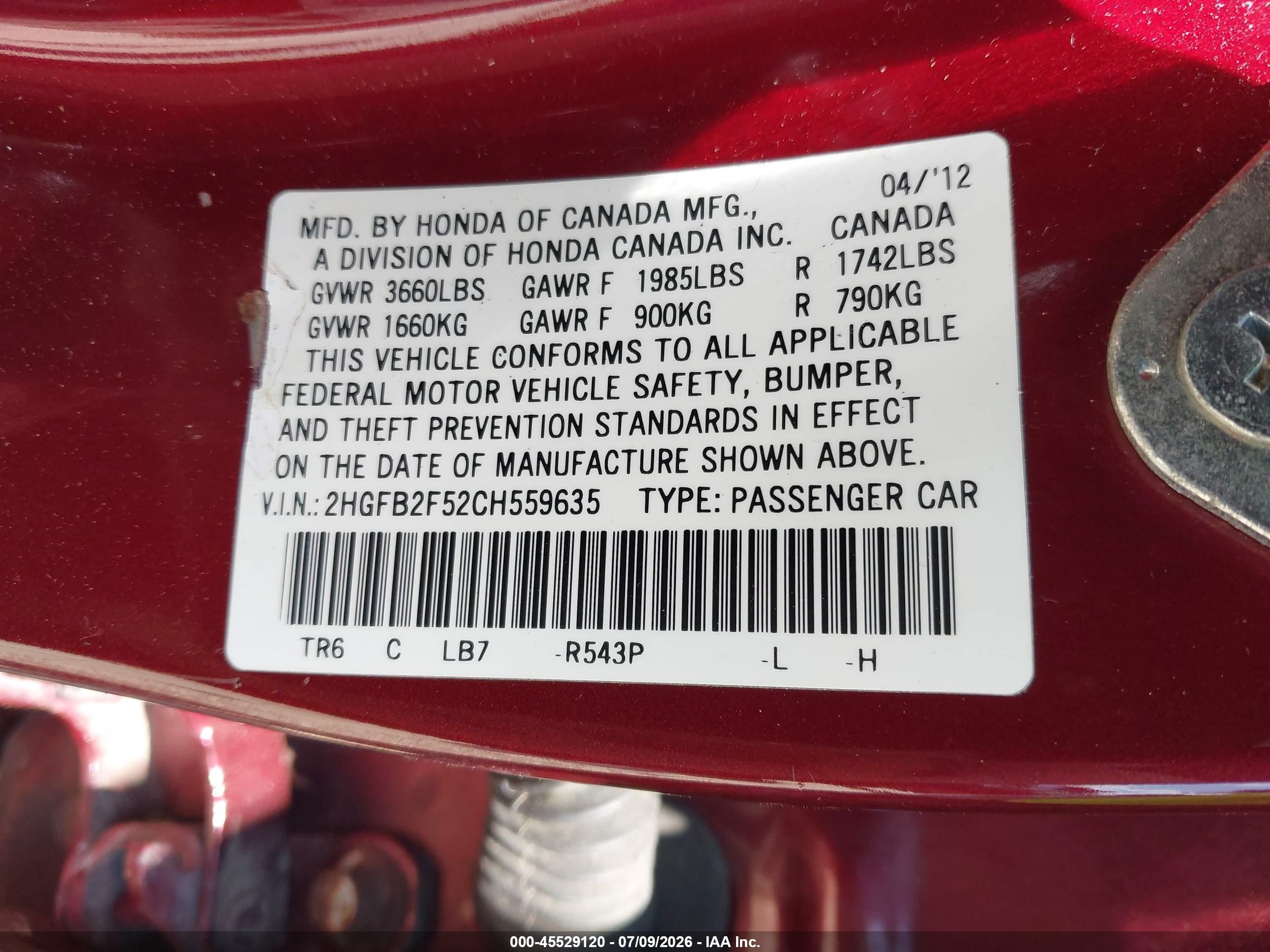 2012 Honda Civic Lx Burgundy vin: 2HGFB2F52CH559635