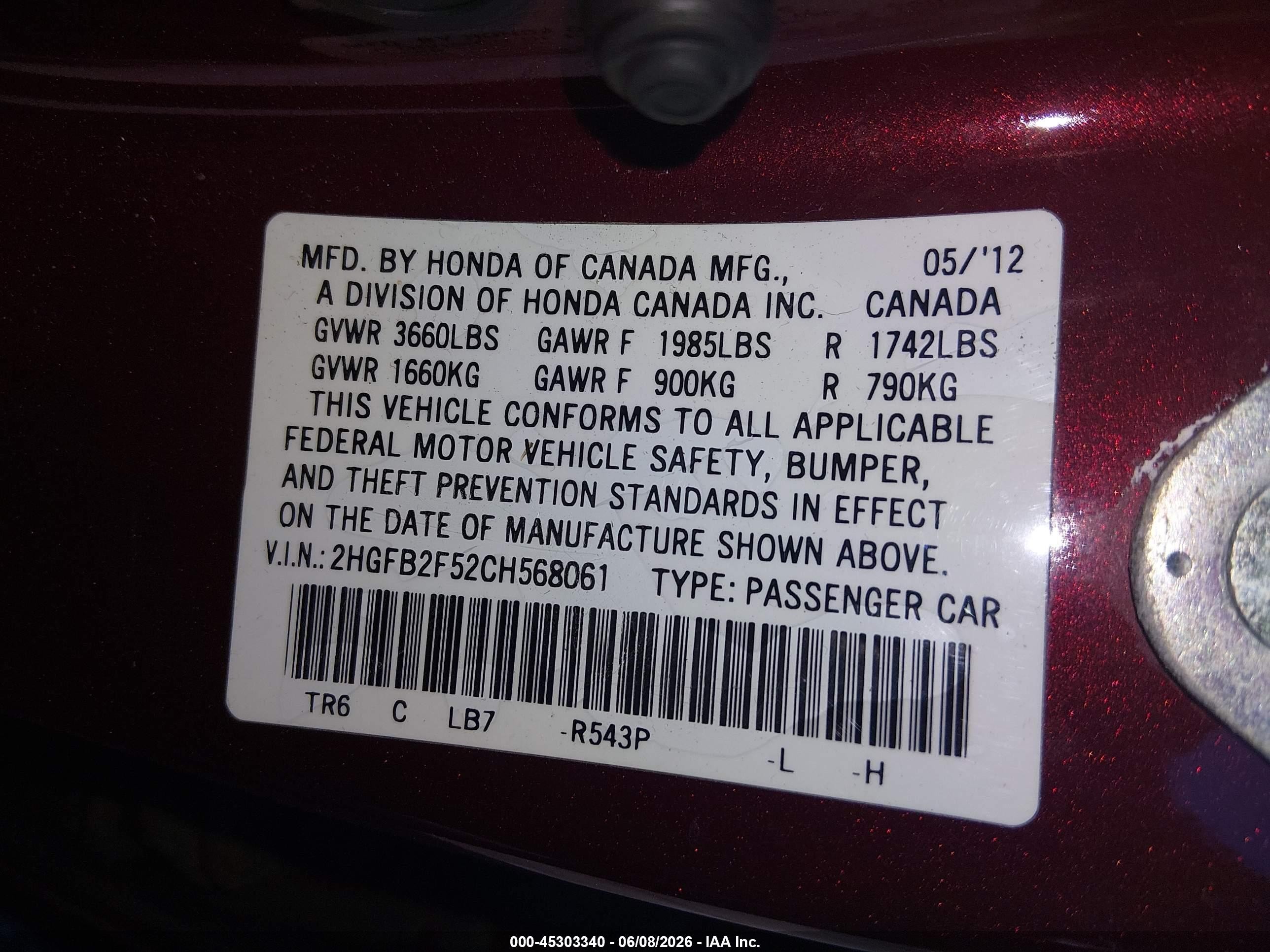 2012 Honda Civic Lx Burgundy vin: 2HGFB2F52CH568061