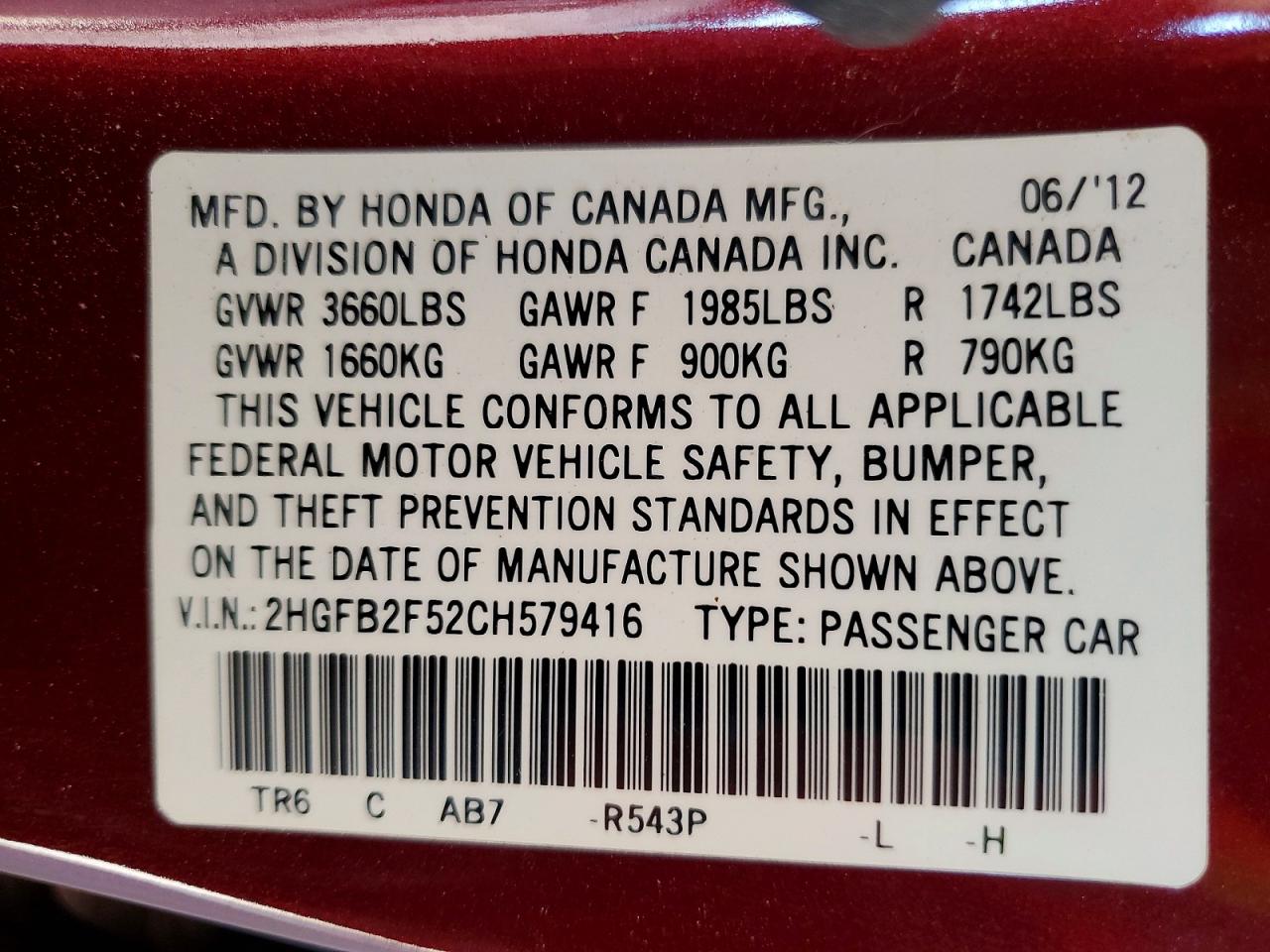 2012 Honda Civic Lx Burgundy vin: 2HGFB2F52CH579416