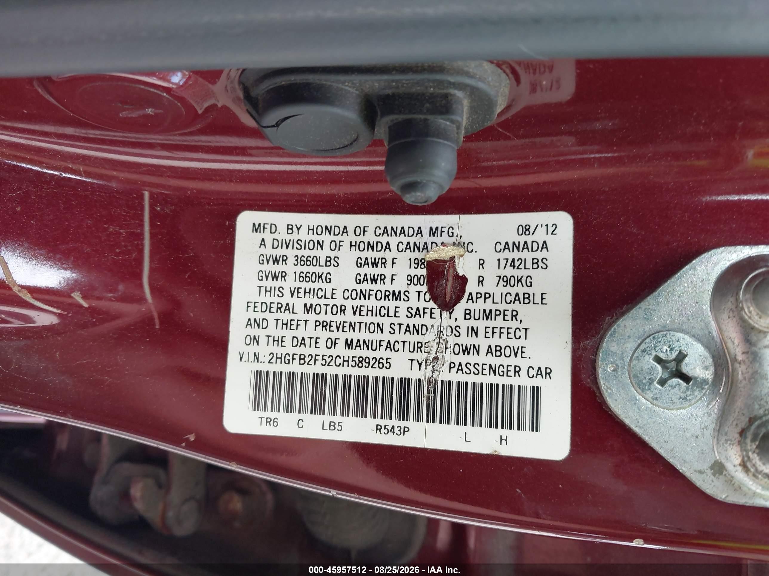 2012 Honda Civic Lx Red vin: 2HGFB2F52CH589265