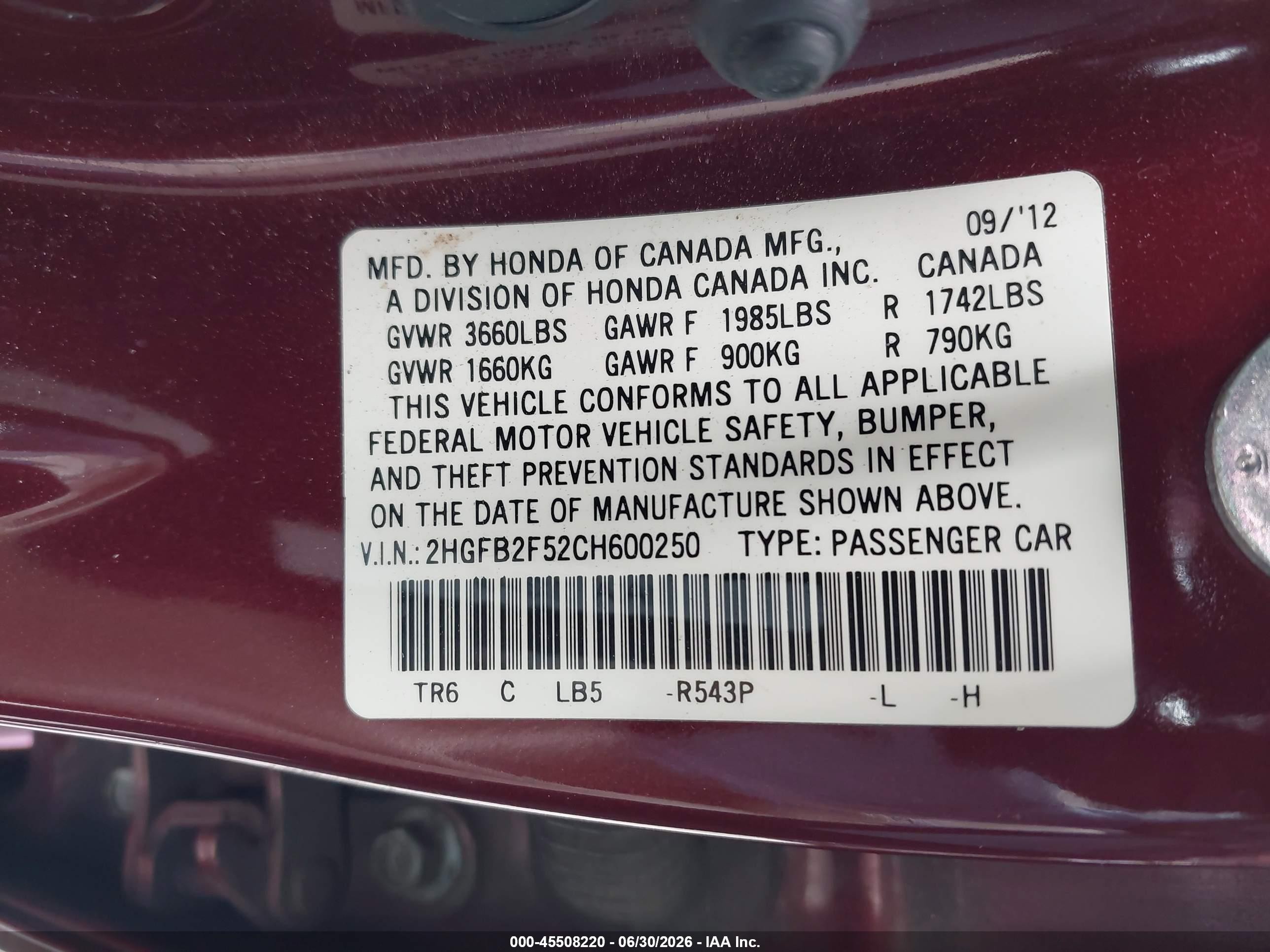 2012 Honda Civic Lx Burgundy vin: 2HGFB2F52CH600250