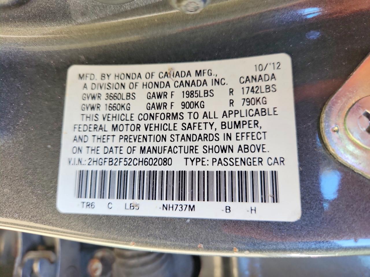 2012 Honda Civic Lx Gray vin: 2HGFB2F52CH602080