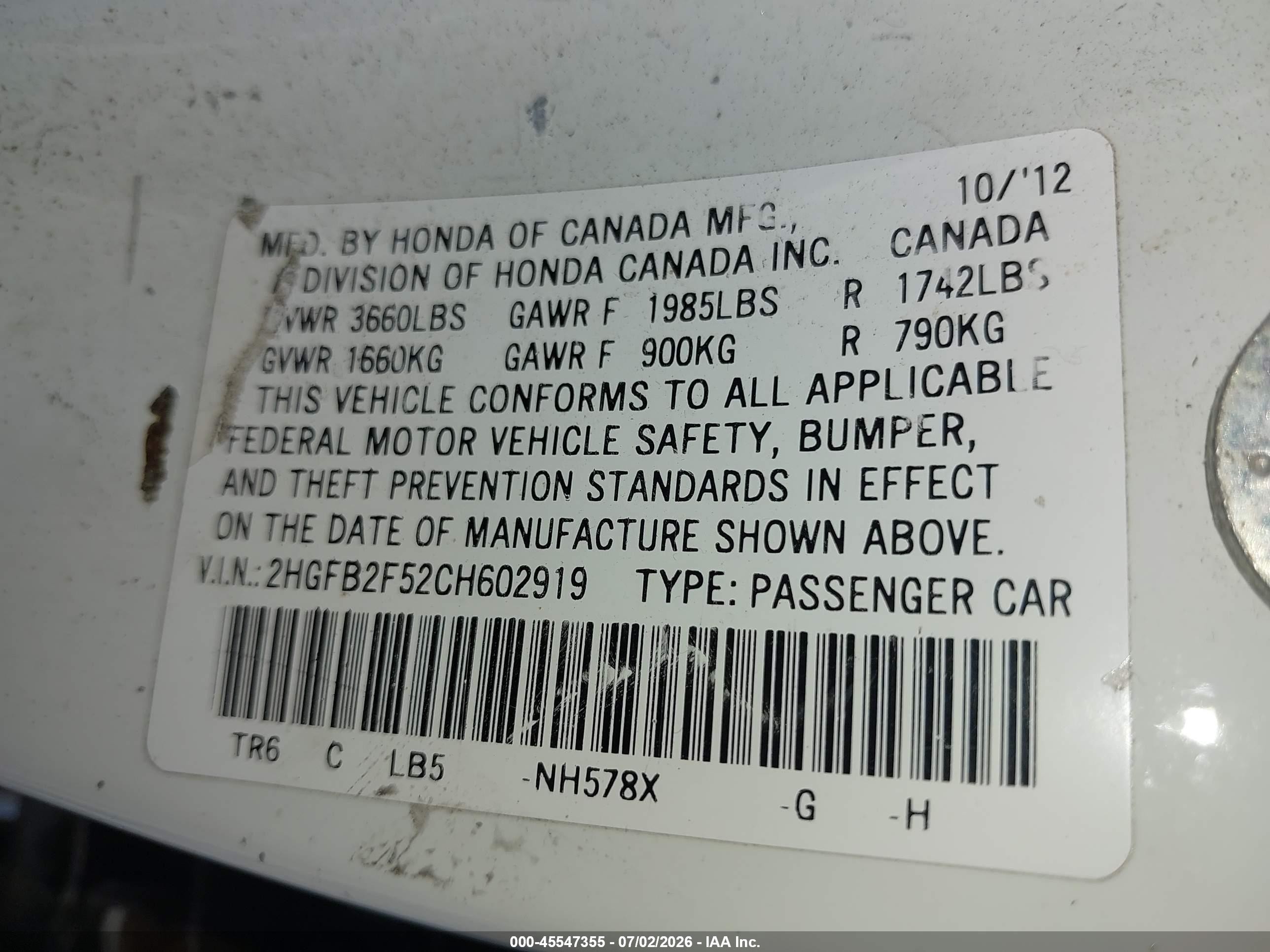 2012 Honda Civic Lx White vin: 2HGFB2F52CH602919