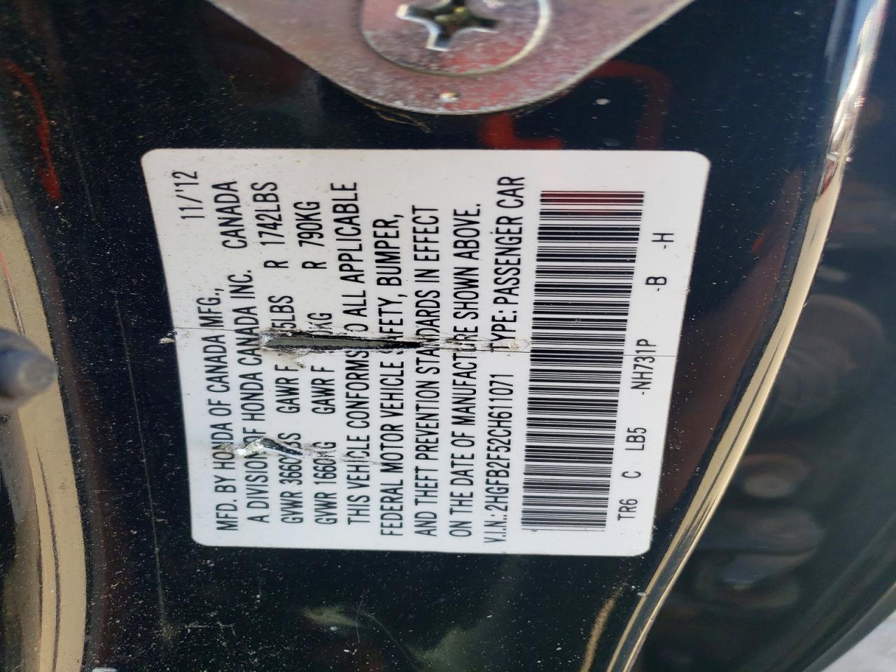 2012 Honda Civic Lx Black vin: 2HGFB2F52CH611071