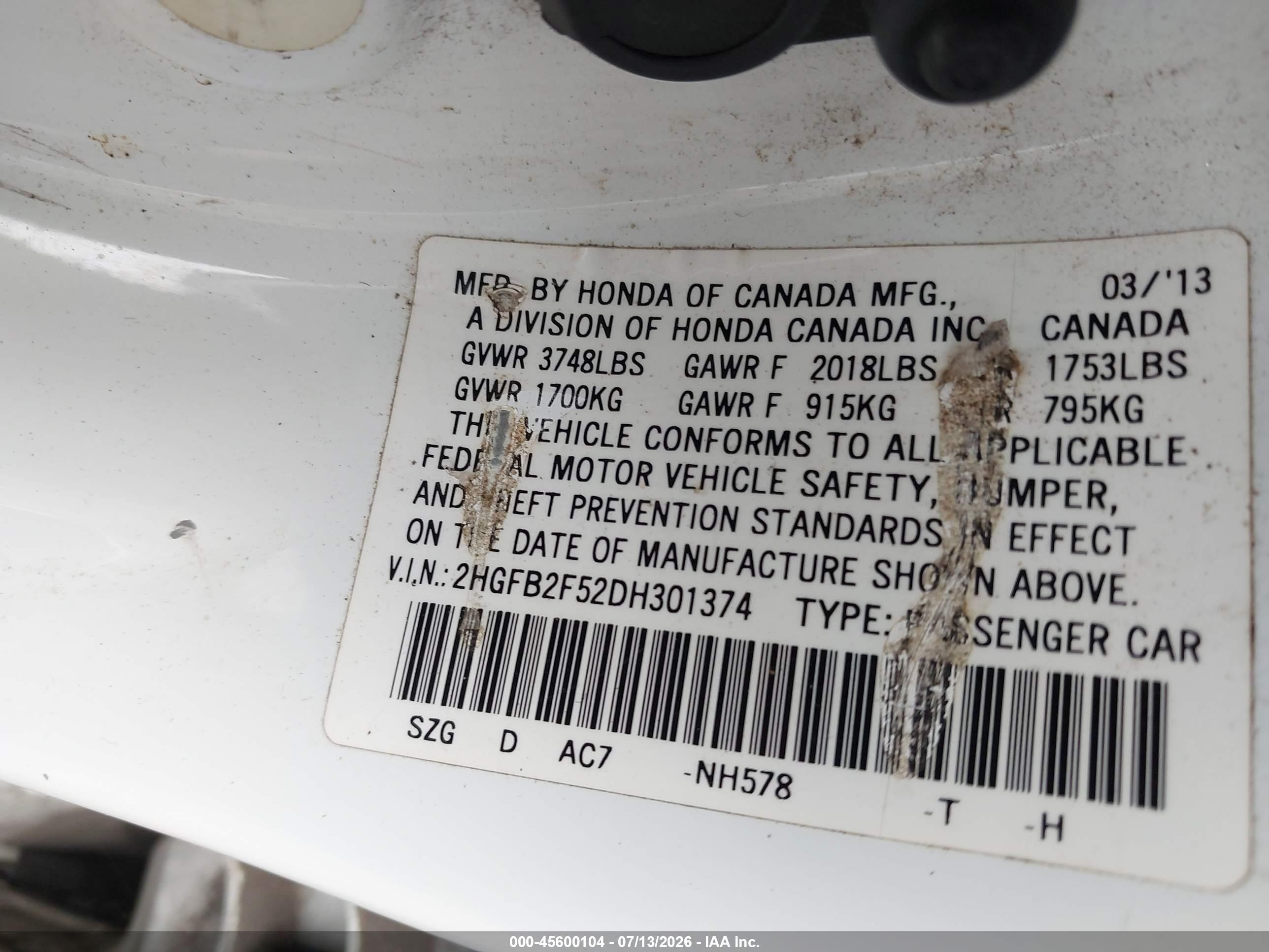 2013 Honda Civic Lx White vin: 2HGFB2F52DH301374