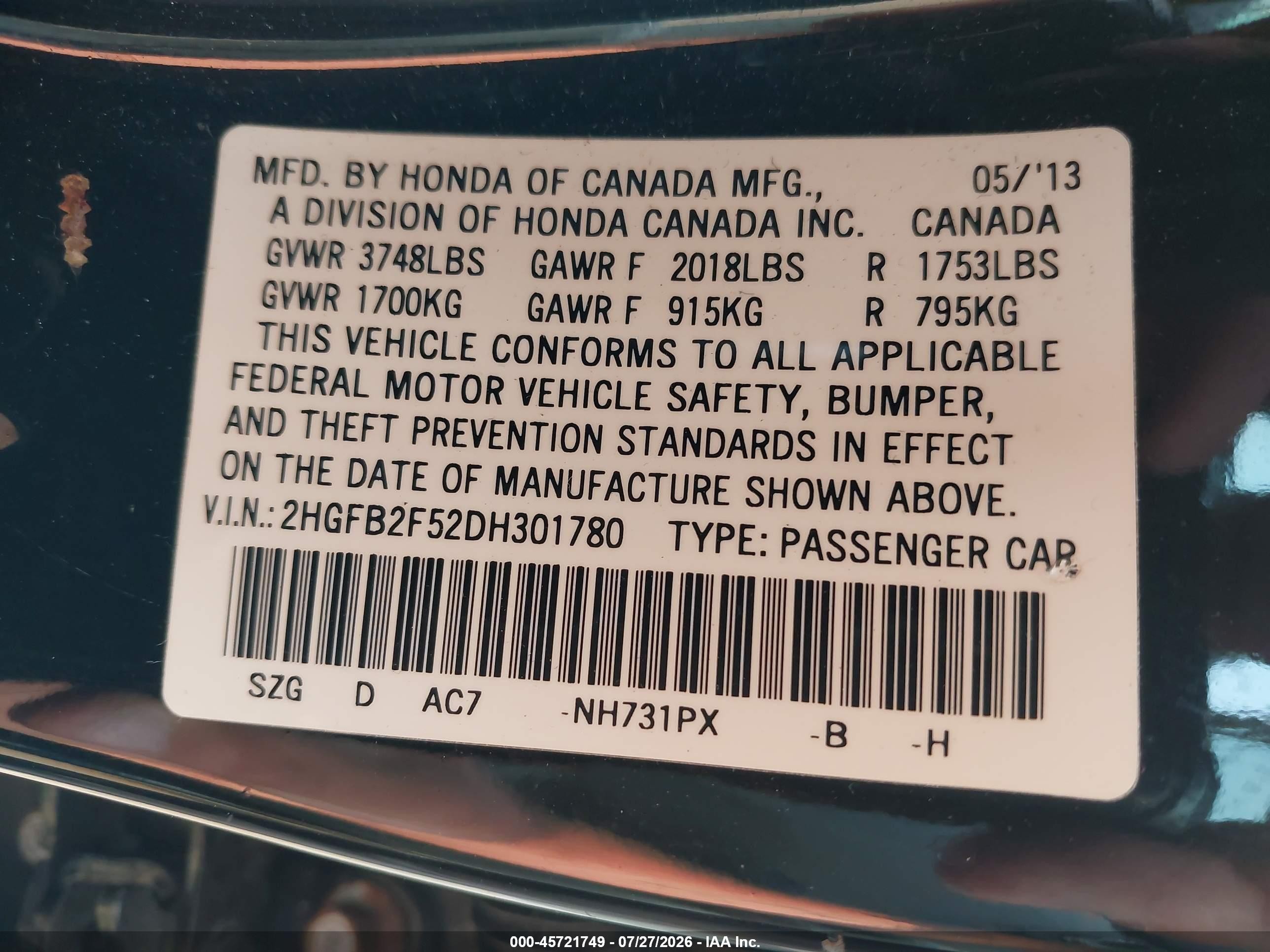 2013 Honda Civic Lx Black vin: 2HGFB2F52DH301780