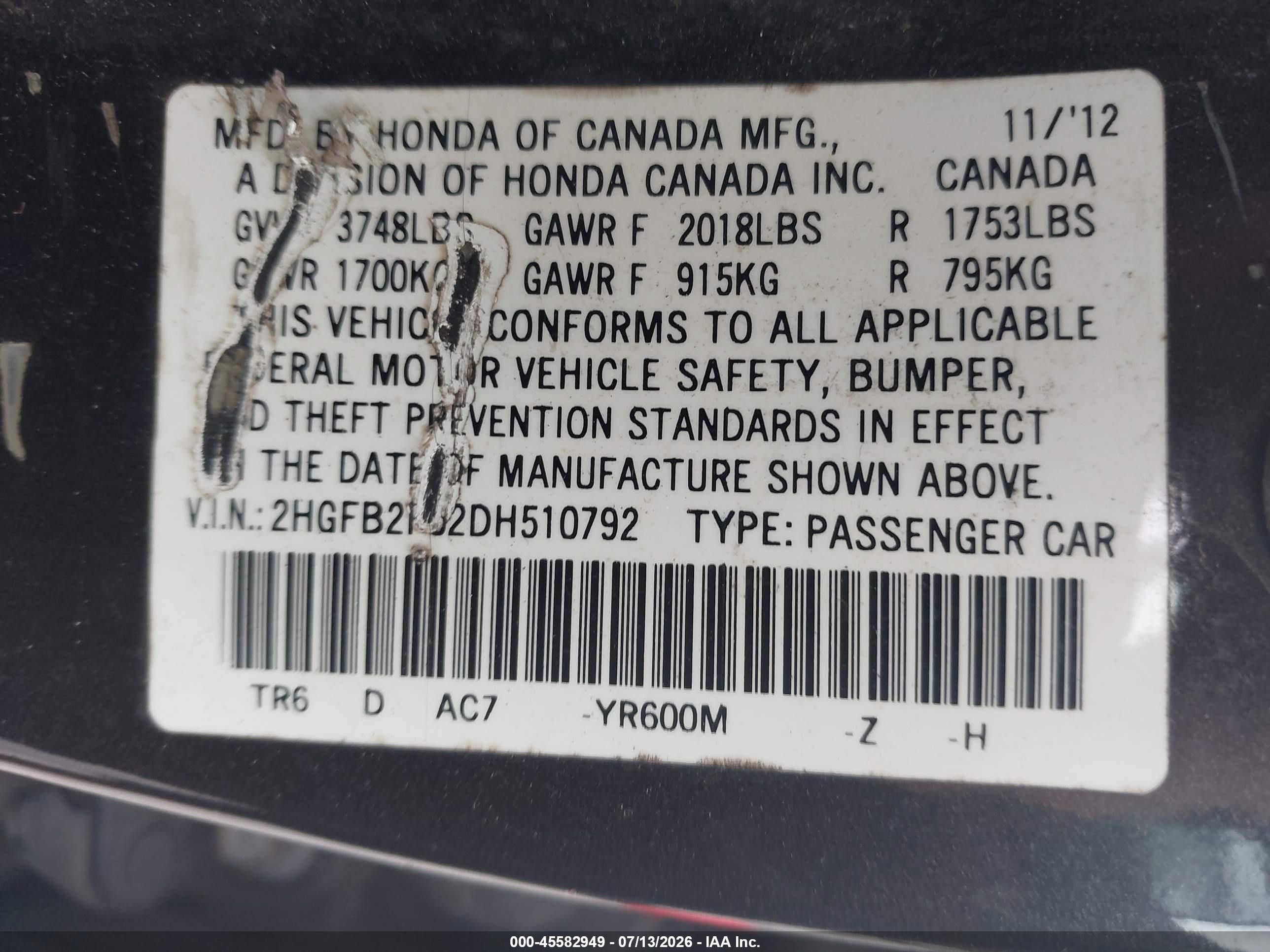2013 Honda Civic Lx Brown vin: 2HGFB2F52DH510792