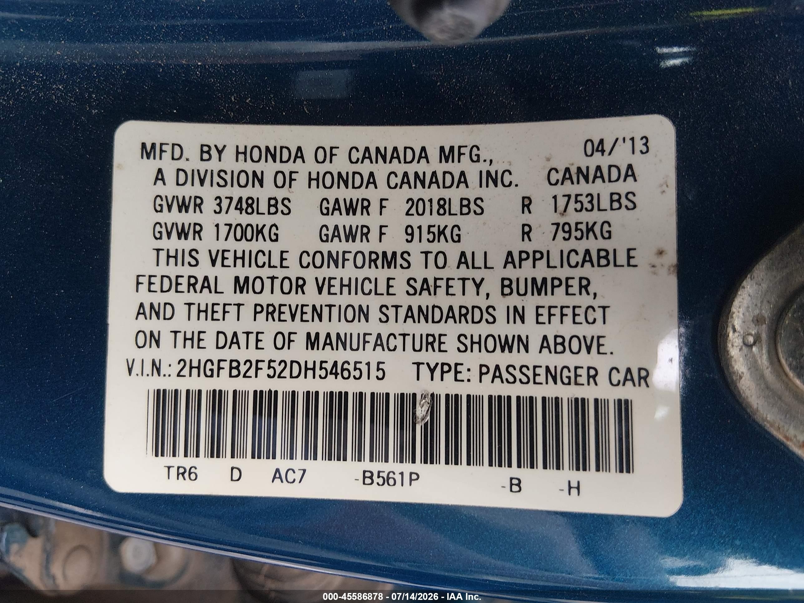 2013 Honda Civic Lx Blue vin: 2HGFB2F52DH546515