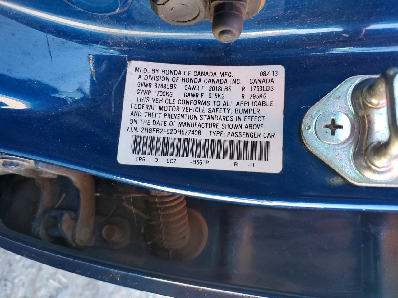 2013 Honda Civic Lx Blue vin: 2HGFB2F52DH577408