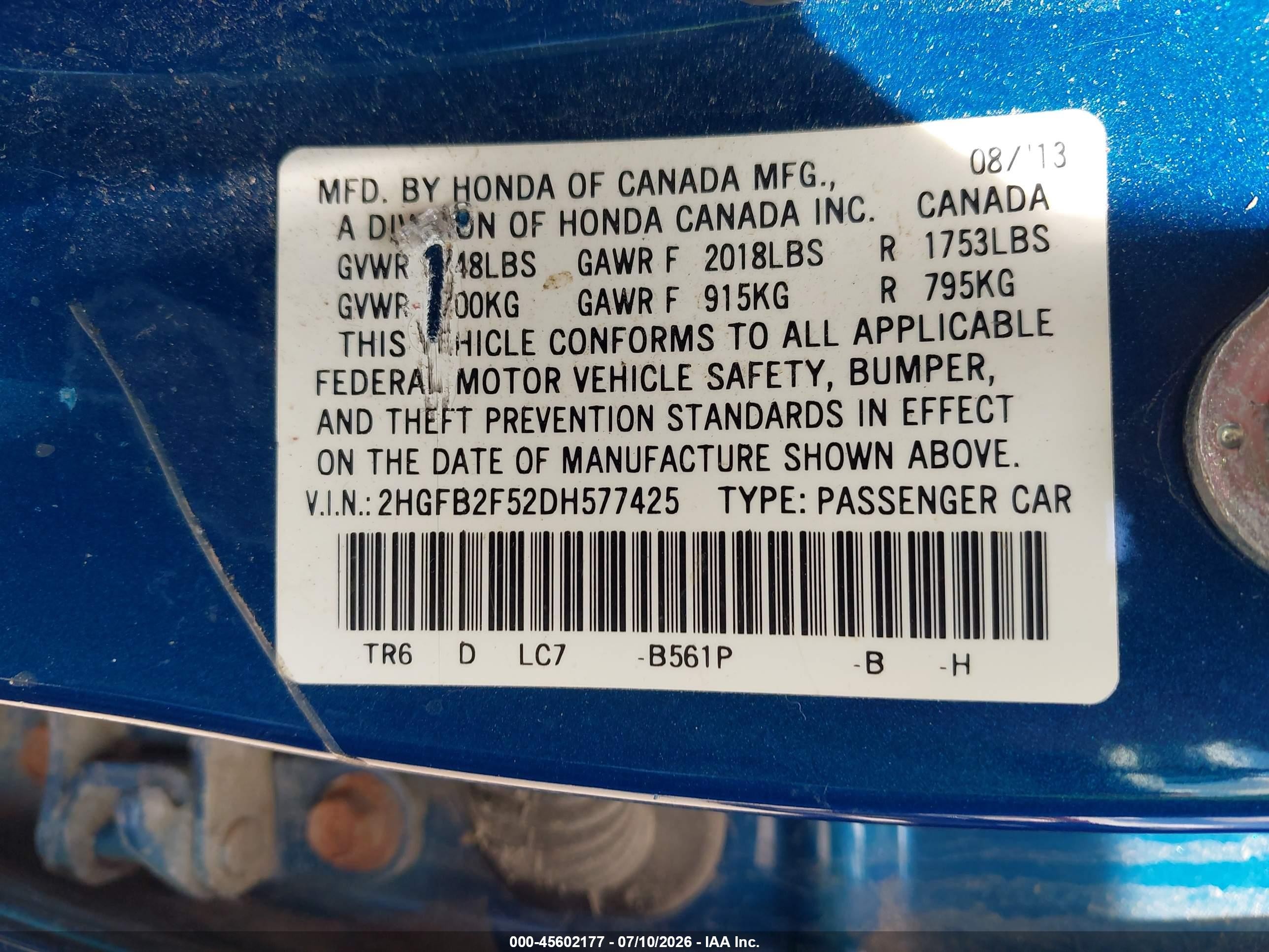 2013 Honda Civic Lx Blue vin: 2HGFB2F52DH577425
