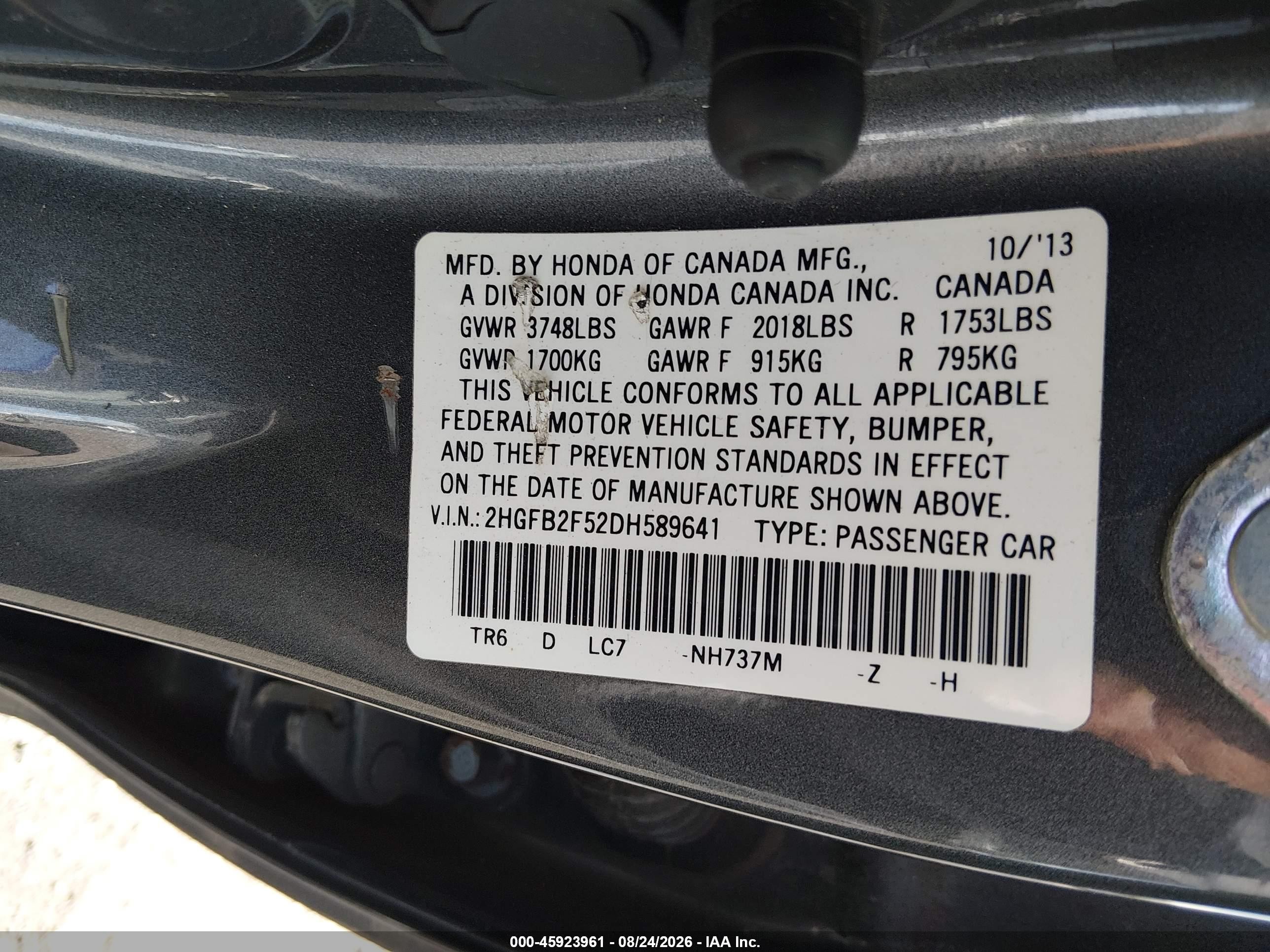 2013 Honda Civic Lx Gray vin: 2HGFB2F52DH589641
