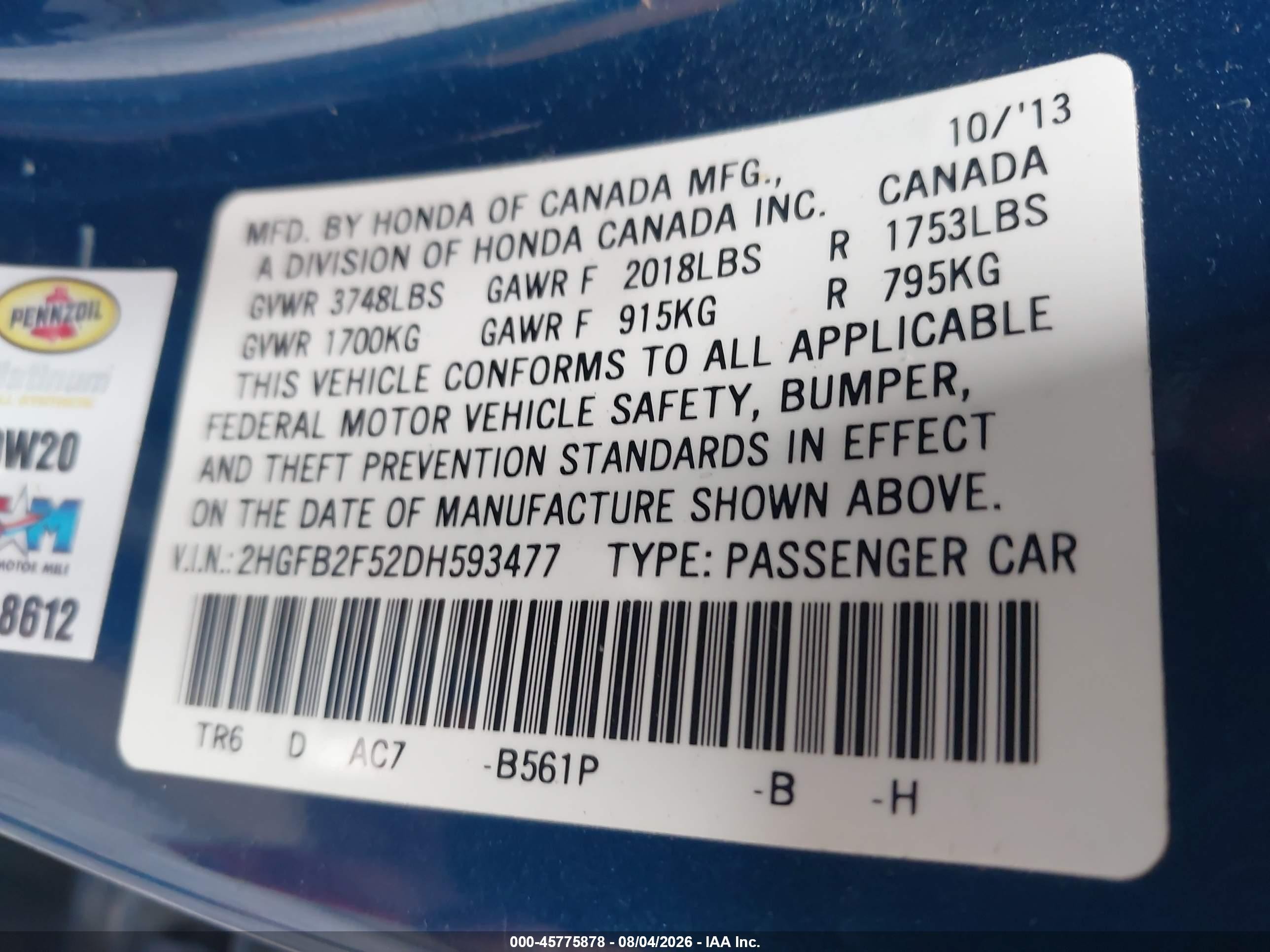 2013 Honda Civic Lx Blue vin: 2HGFB2F52DH593477
