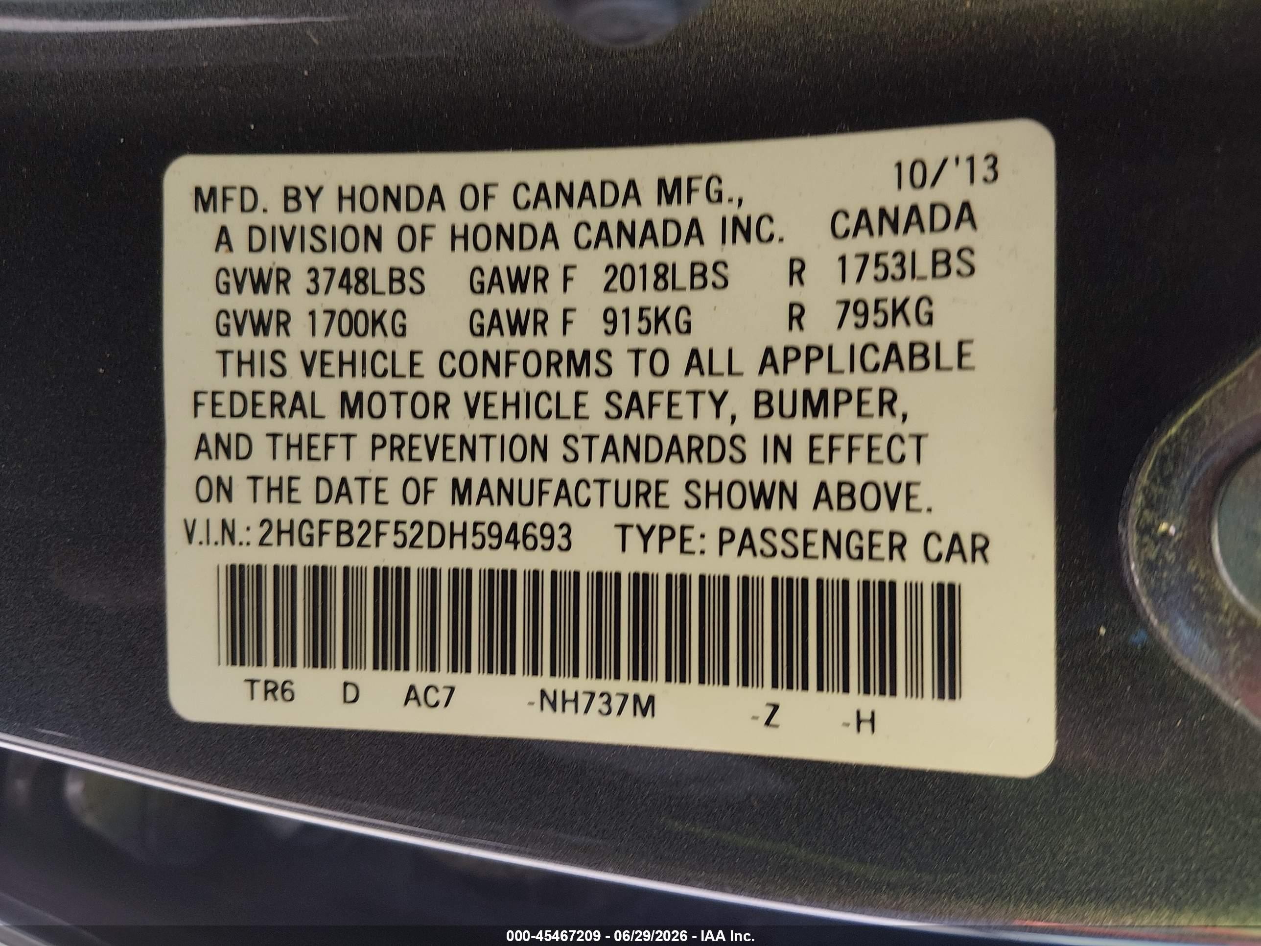 2013 Honda Civic Lx Gray vin: 2HGFB2F52DH594693