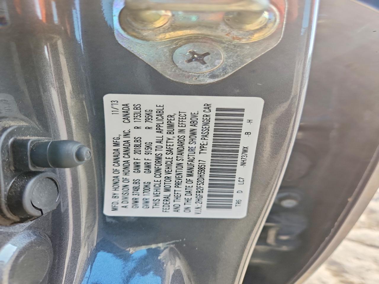 2013 Honda Civic Lx Gray vin: 2HGFB2F52DH598517